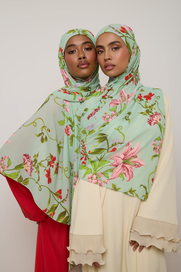 Printed Chiffon Hijab - Pastel Green Floral Hijab Veiled 