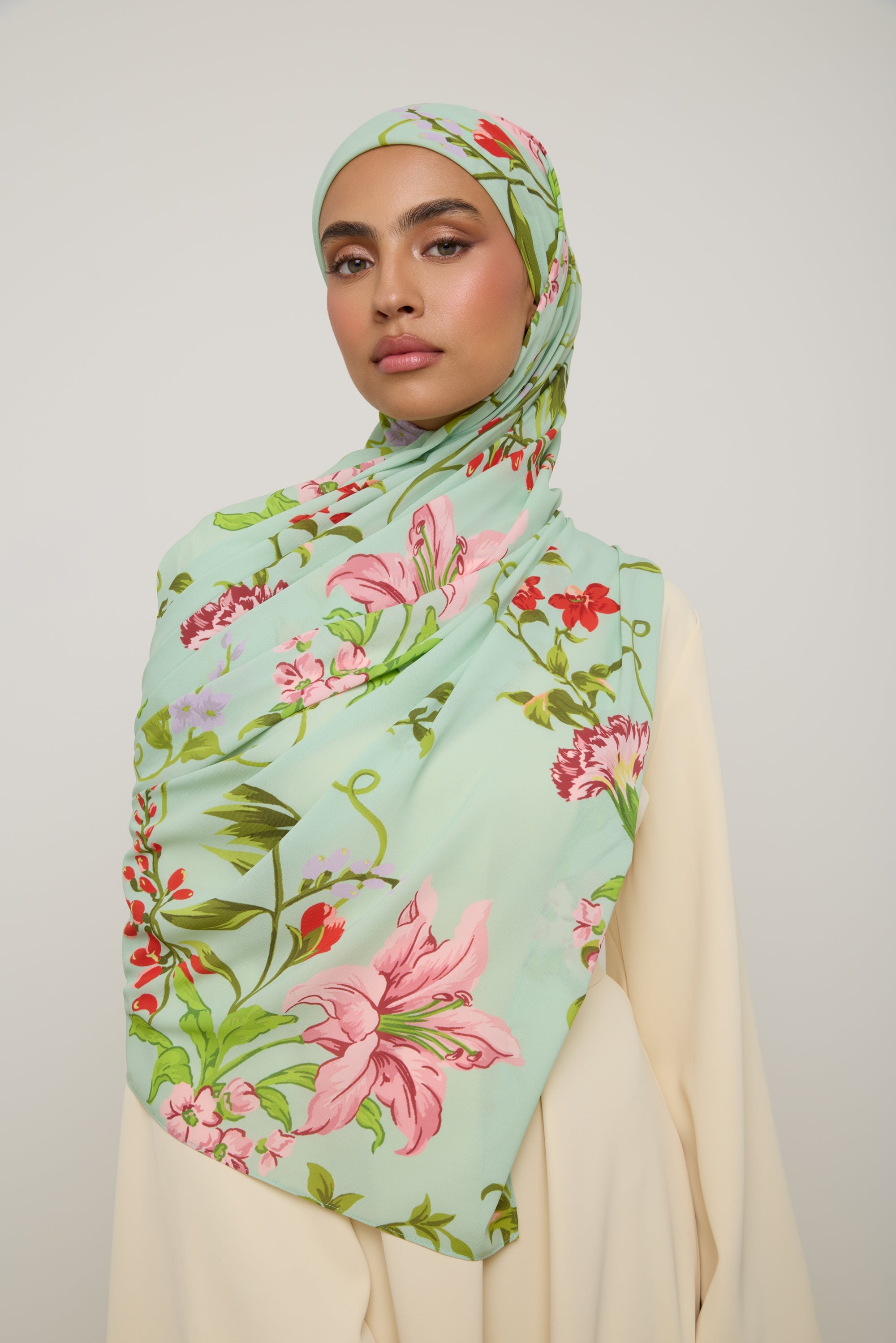 Printed Chiffon Hijab - Pastel Green Floral Hijab Veiled 