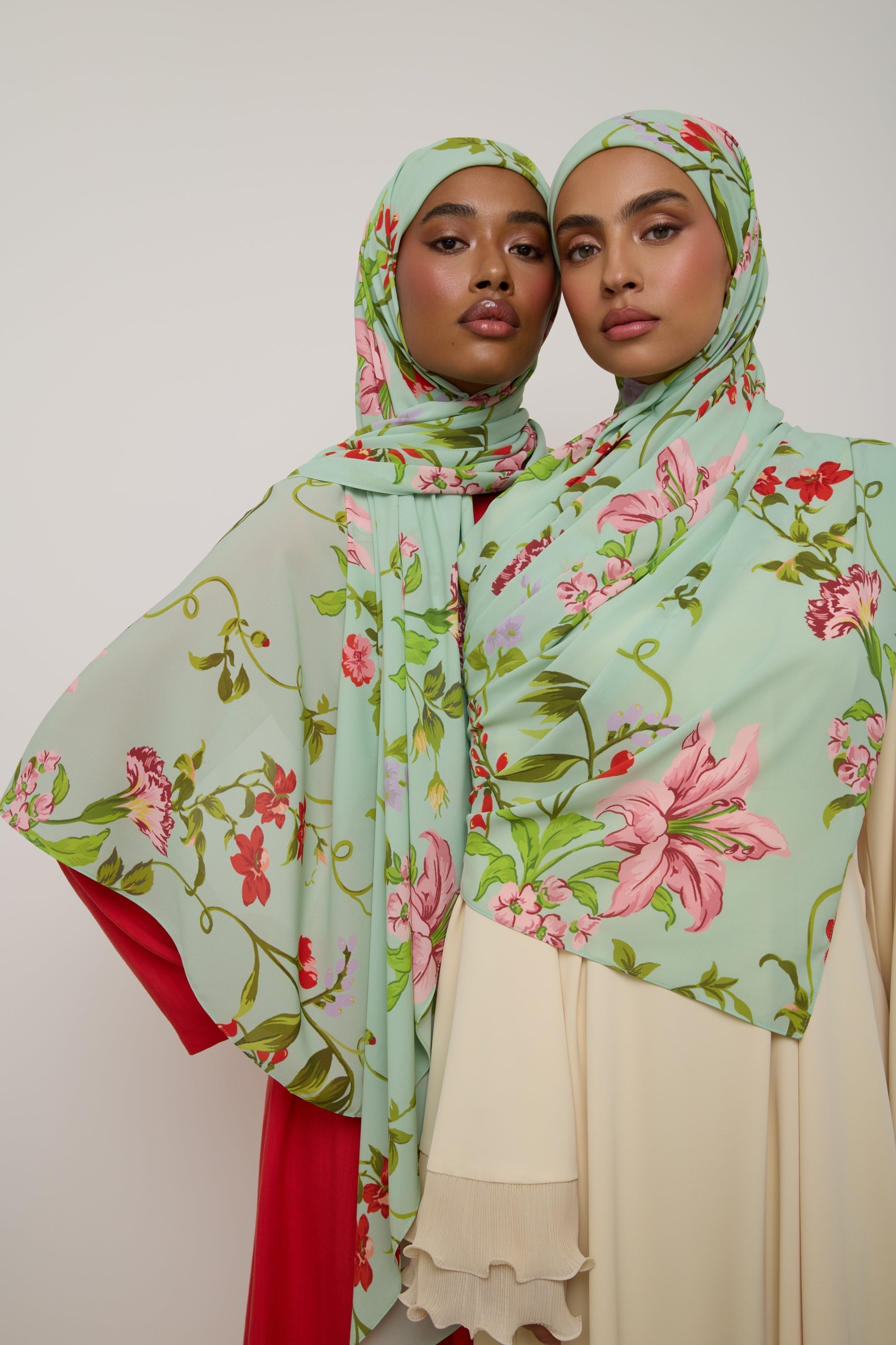 Printed Chiffon Hijab - Pastel Green Floral Hijab Veiled 