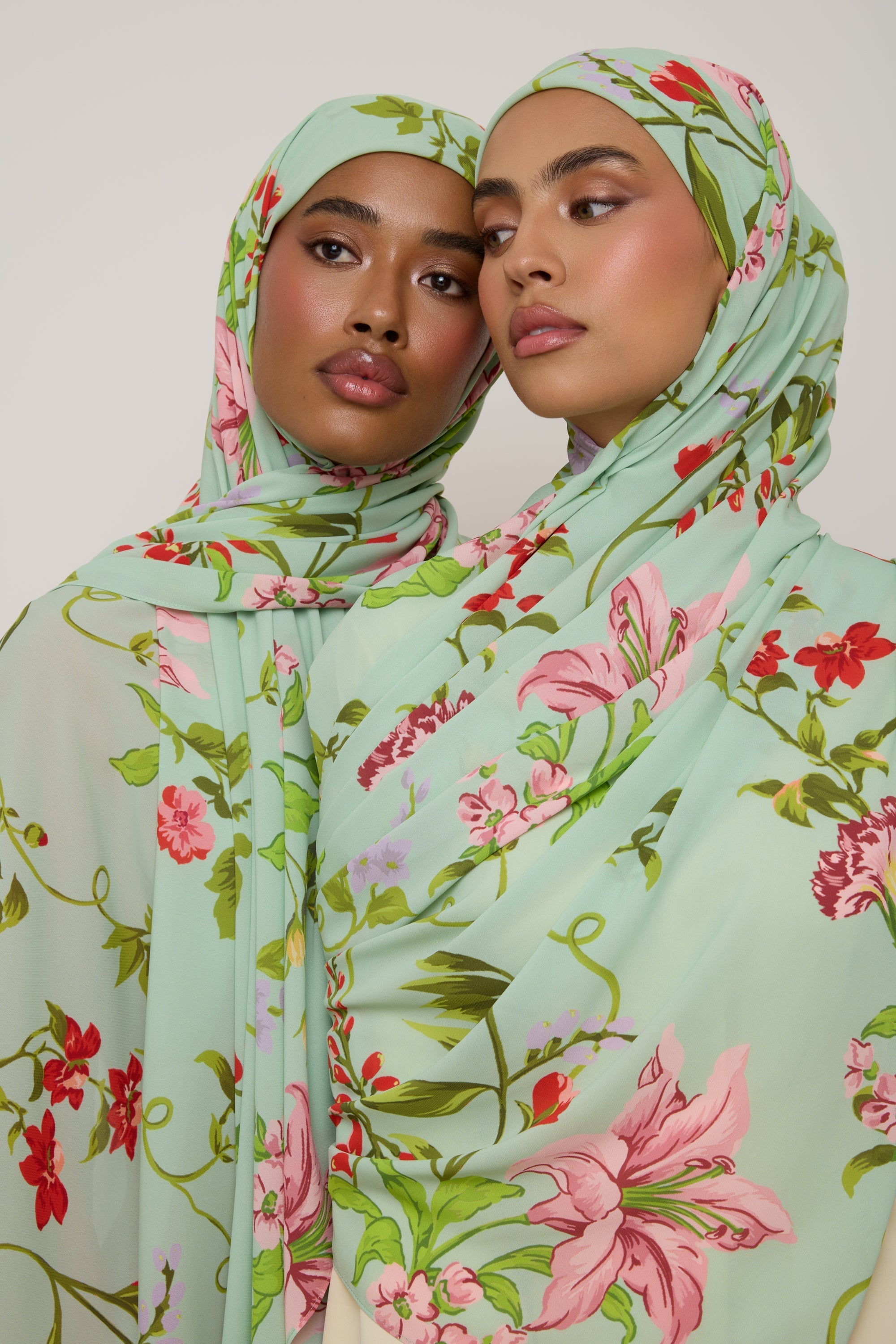 Printed Chiffon Hijab - Pastel Green Floral Hijab Veiled 