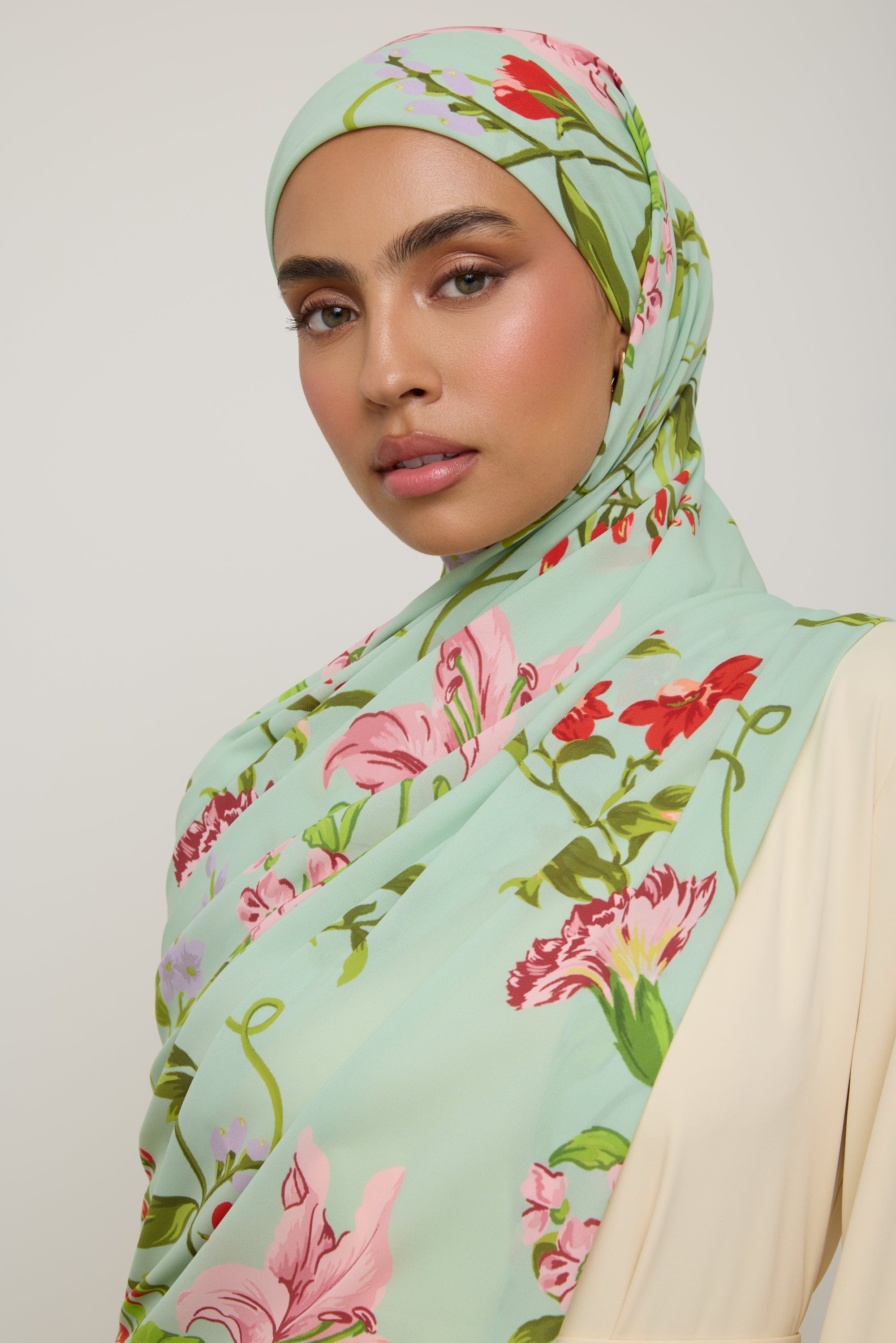 Printed Chiffon Hijab - Pastel Green Floral Hijab Veiled 