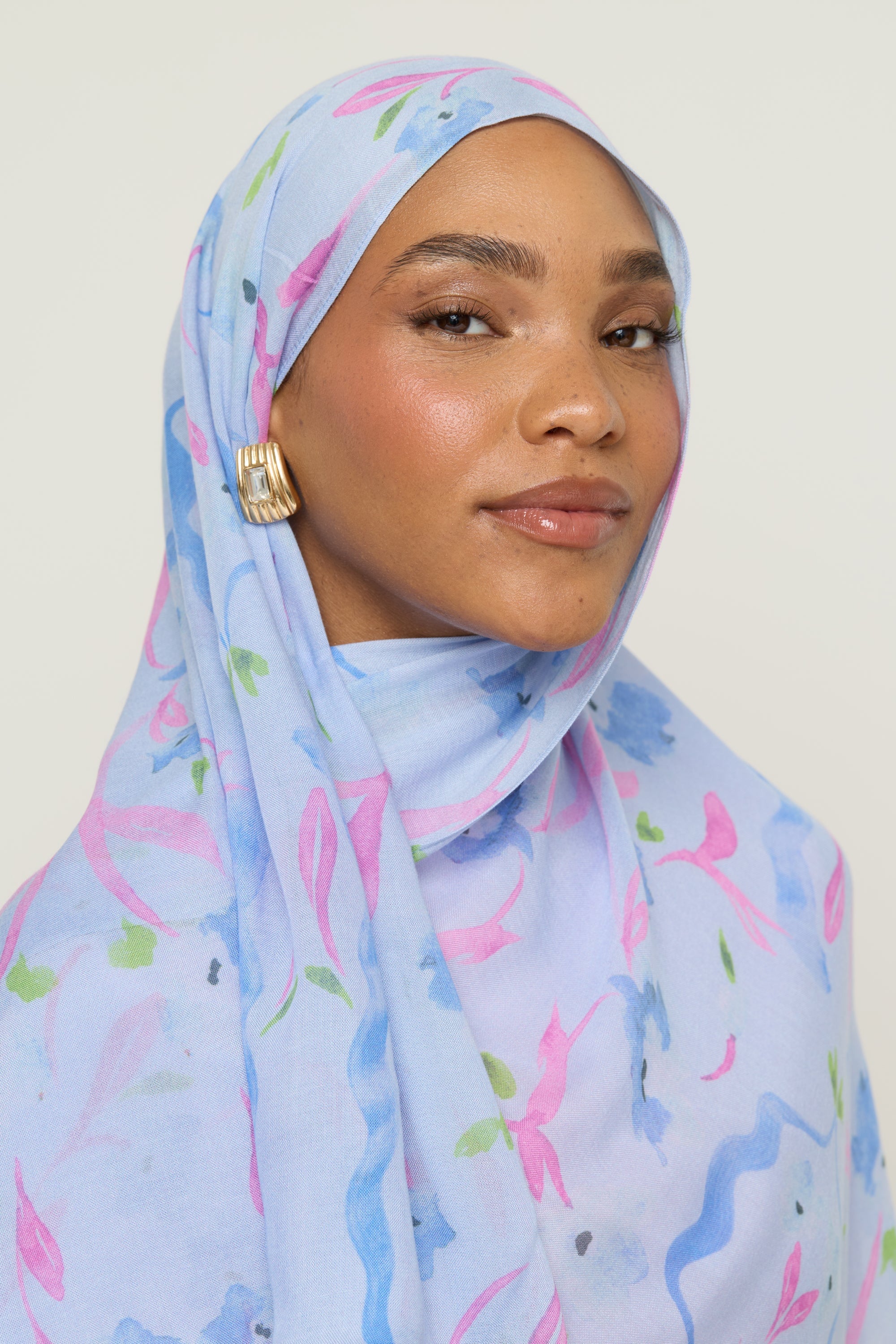 Printed Modal Hijab - Baby Blue Floral Hijab Veiled 