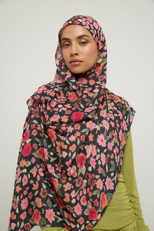 Printed Modal Hijab - Black Ditsy Floral Hijab Veiled 