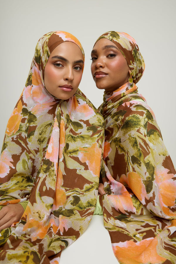Printed Modal Hijab - Brown Floral Hijab Veiled 