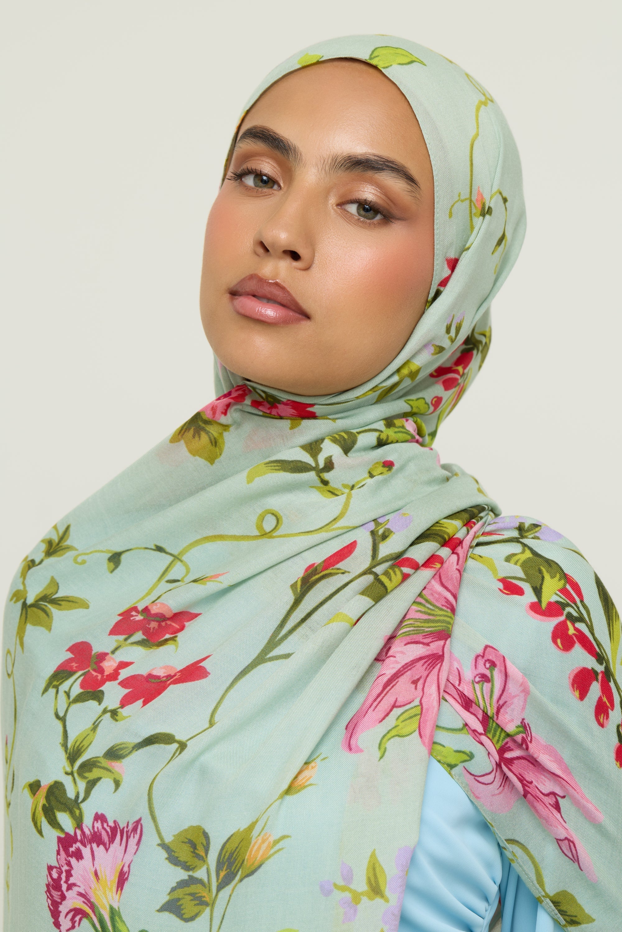 Printed Modal Hijab - Pastel Green Floral Hijab Veiled 