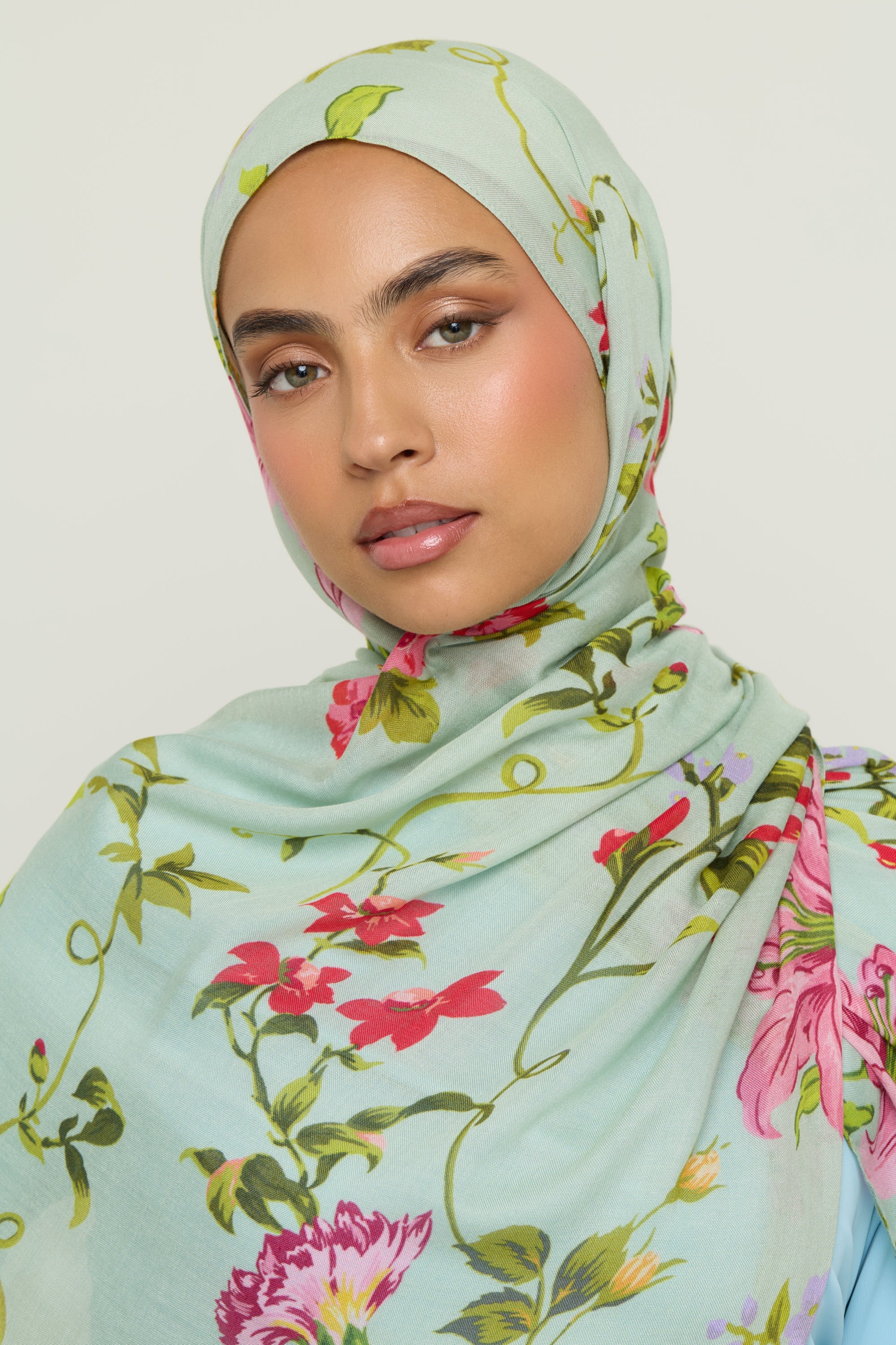 Printed Modal Hijab - Pastel Green Floral Hijab Veiled 
