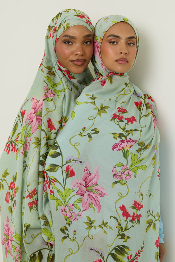 Printed Modal Hijab - Pastel Green Floral Hijab Veiled 