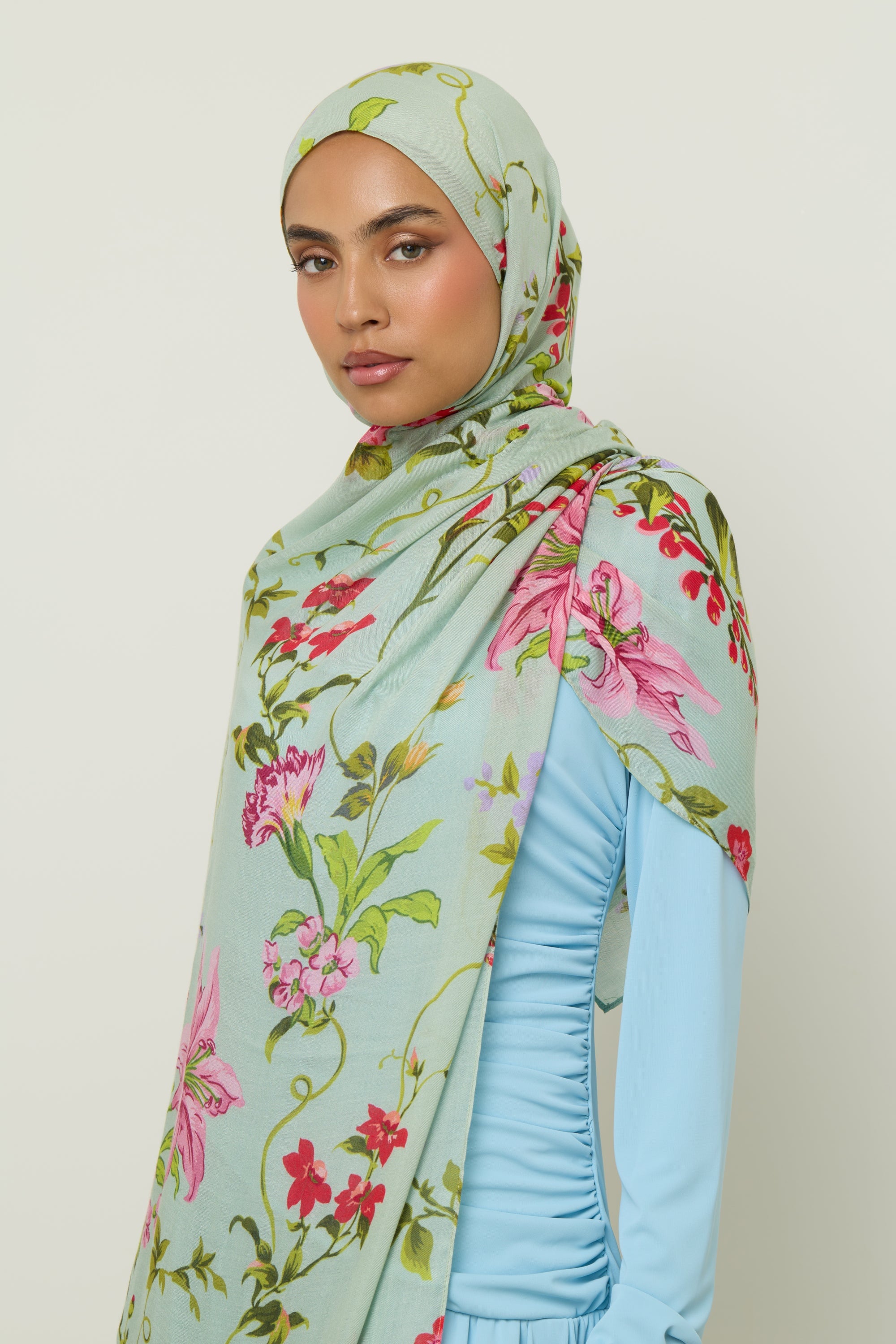 Printed Modal Hijab - Pastel Green Floral Hijab Veiled 