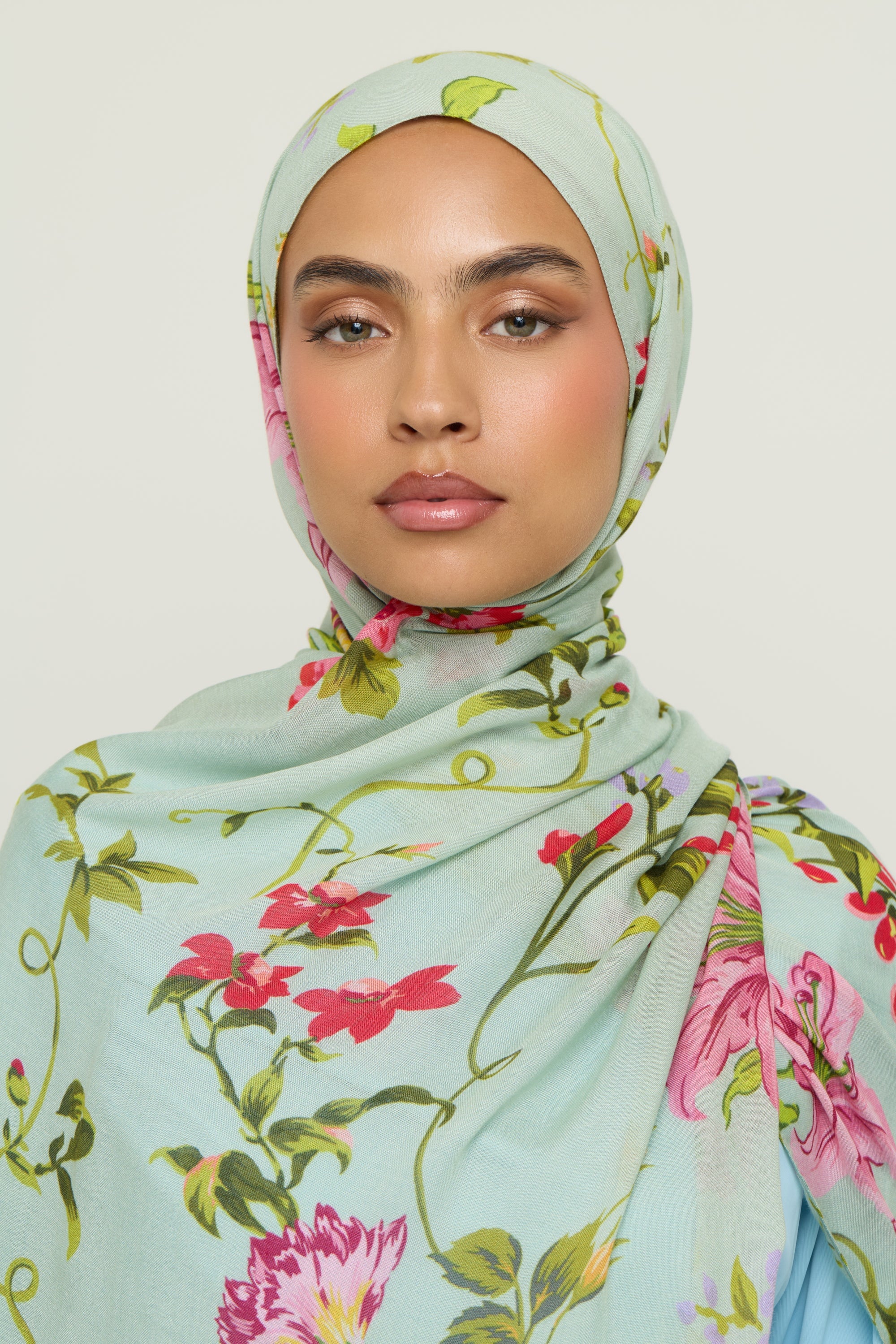 Printed Modal Hijab - Pastel Green Floral Hijab Veiled 