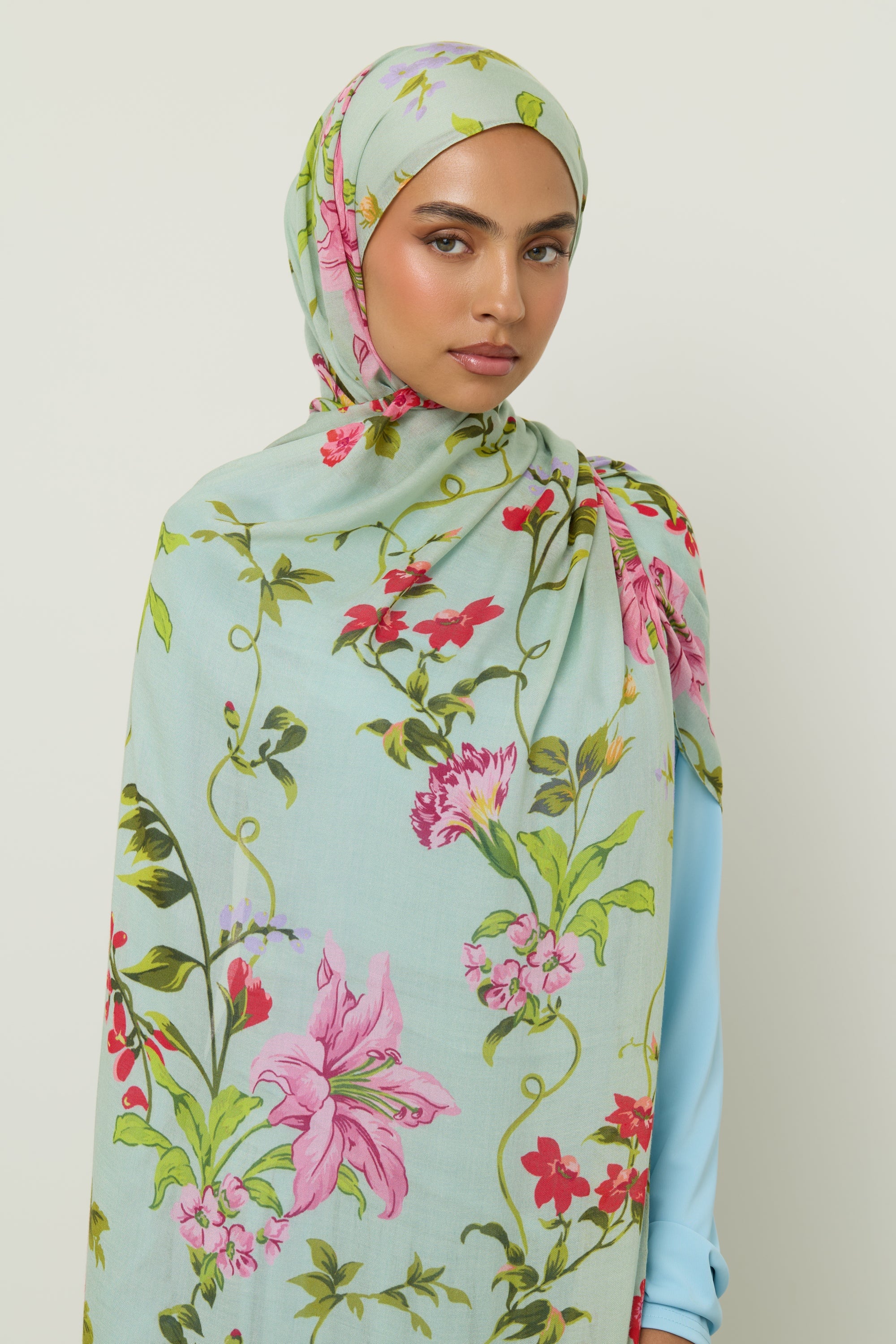 Printed Modal Hijab - Pastel Green Floral Hijab Veiled 