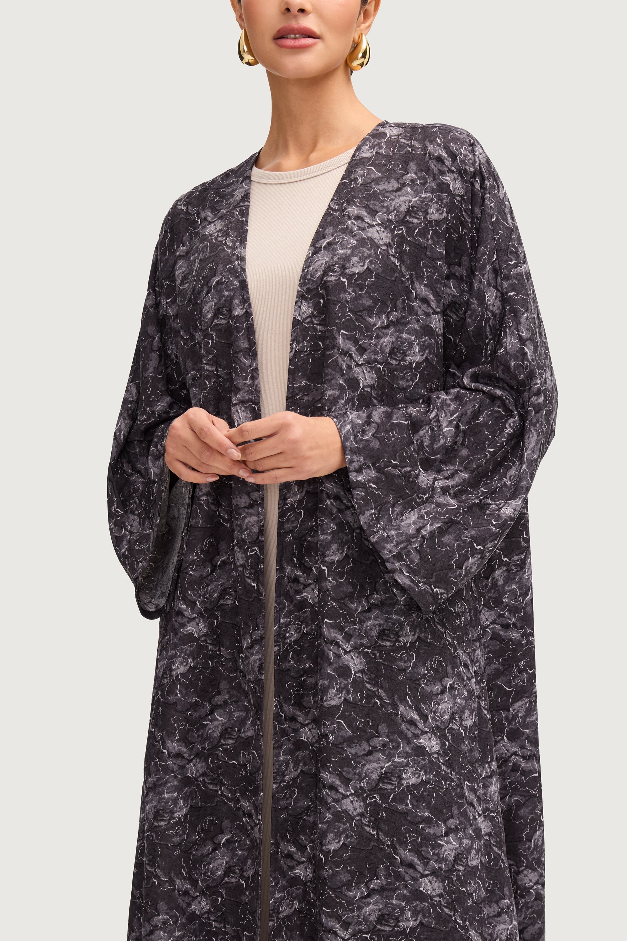 Printed Open Abaya - Black Abayas Veiled 