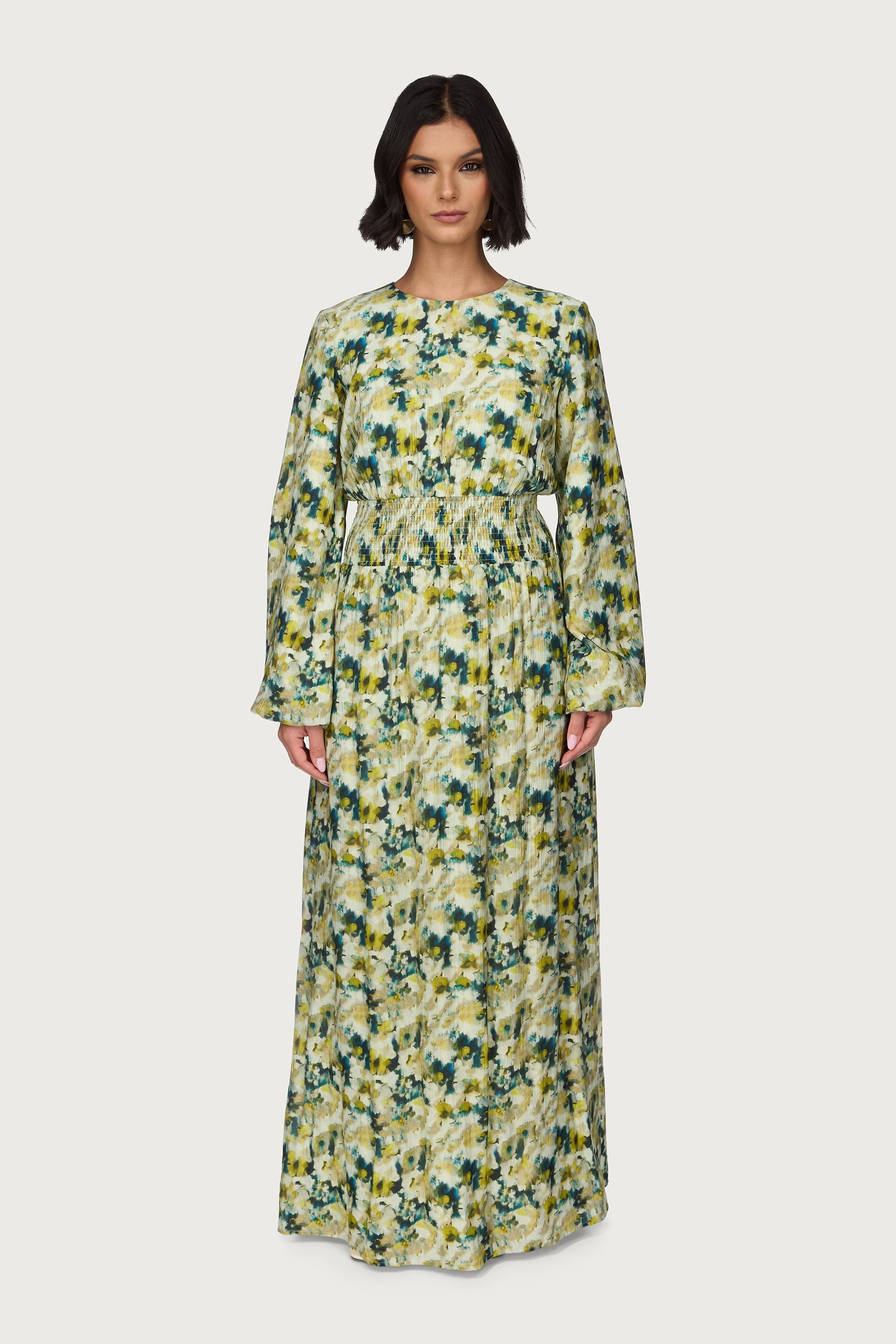 Printed Smocked Waist Dress Abayas Veiled 