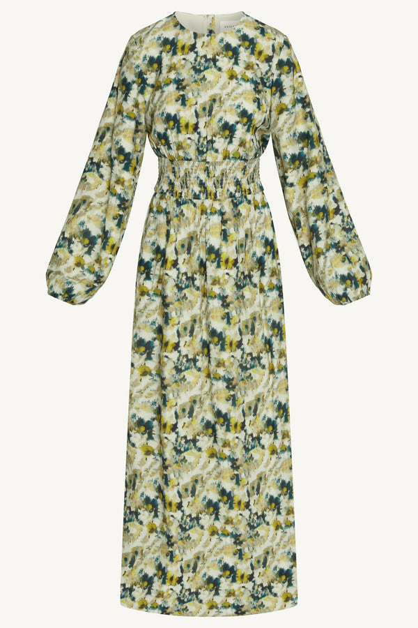 Printed Smocked Waist Dress Abayas Veiled 