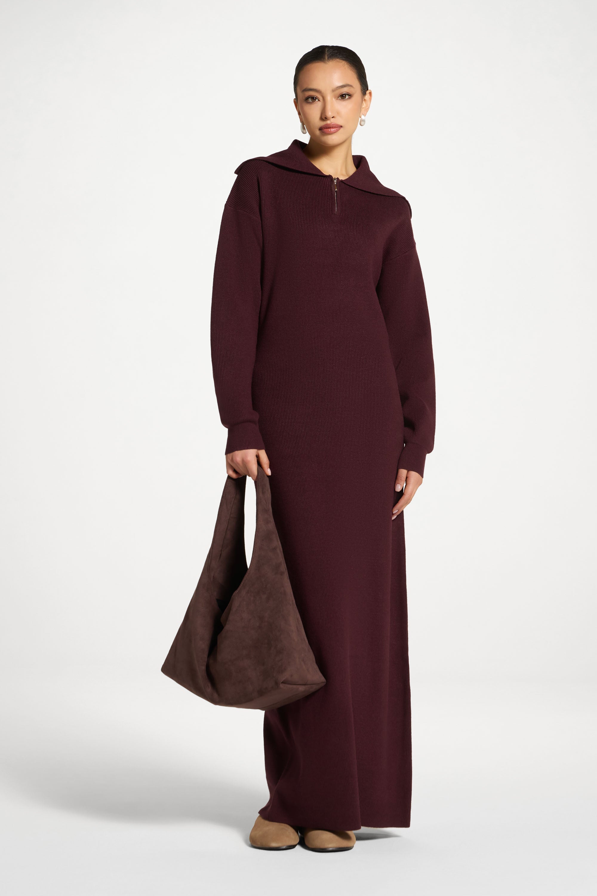 Quarter Zip Knit Maxi Dress - Chocolate Truffle
