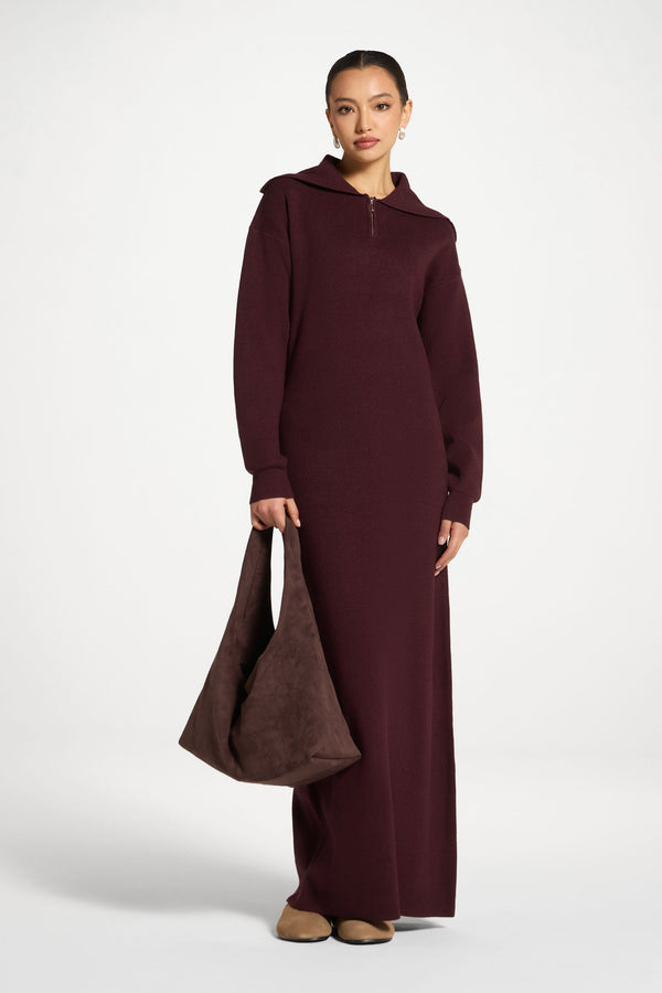 Quarter Zip Knit Maxi Dress - Chocolate Truffle Abayas Veiled 