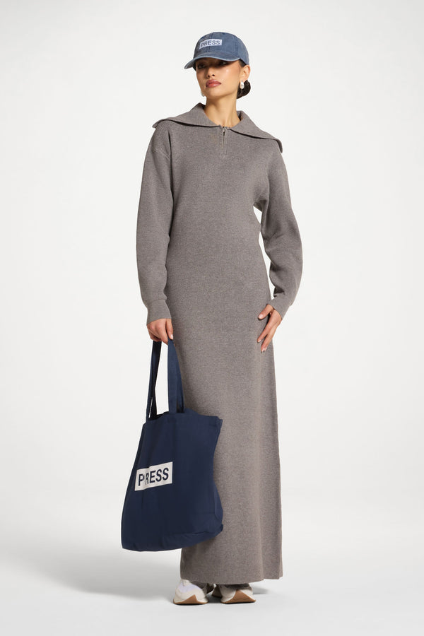 Quarter Zip Knit Maxi Dress - Heather Grey Abayas Veiled 