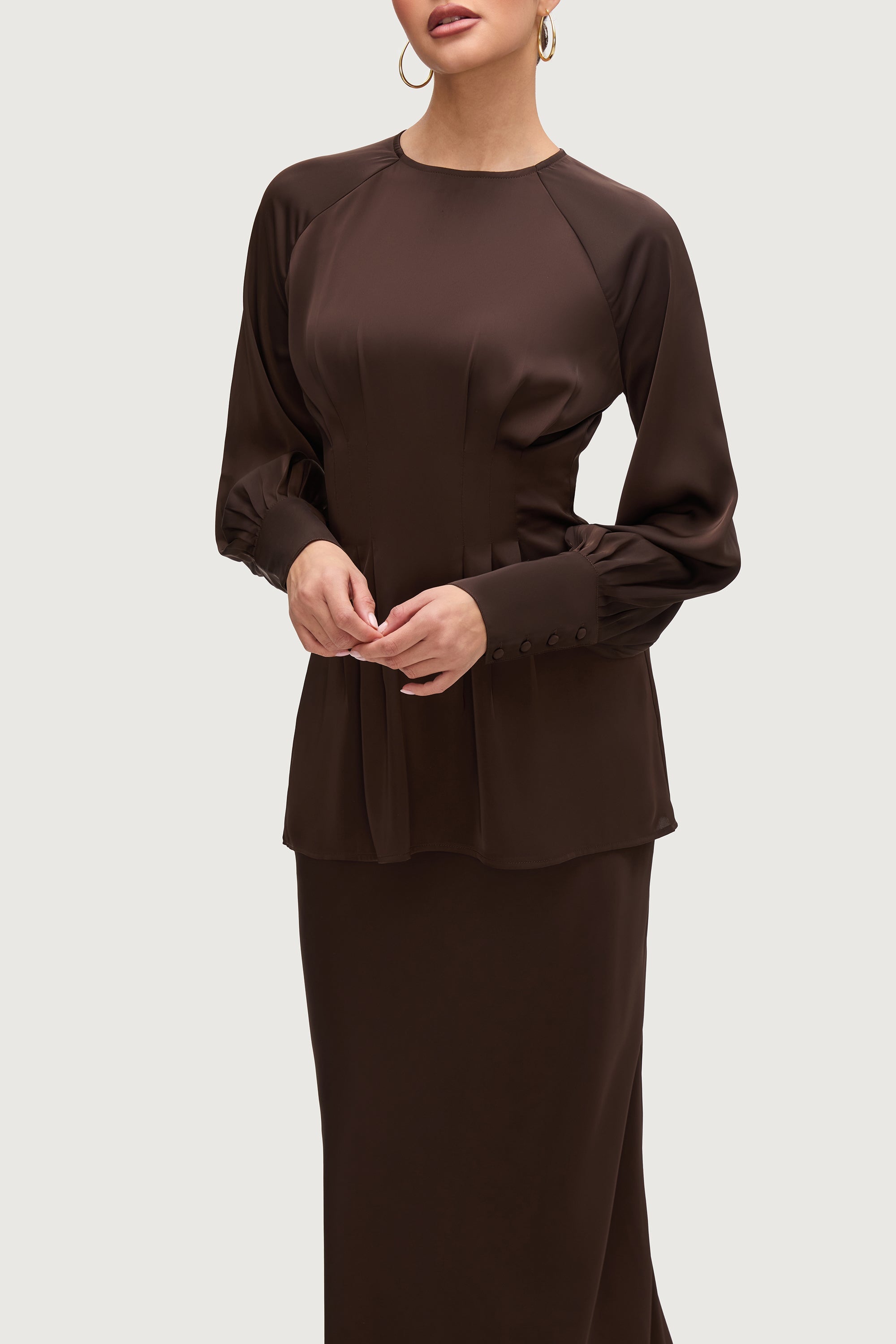 Rahaf Raglan Sleeve Satin Top - Qahwah Tops Veiled Collection 