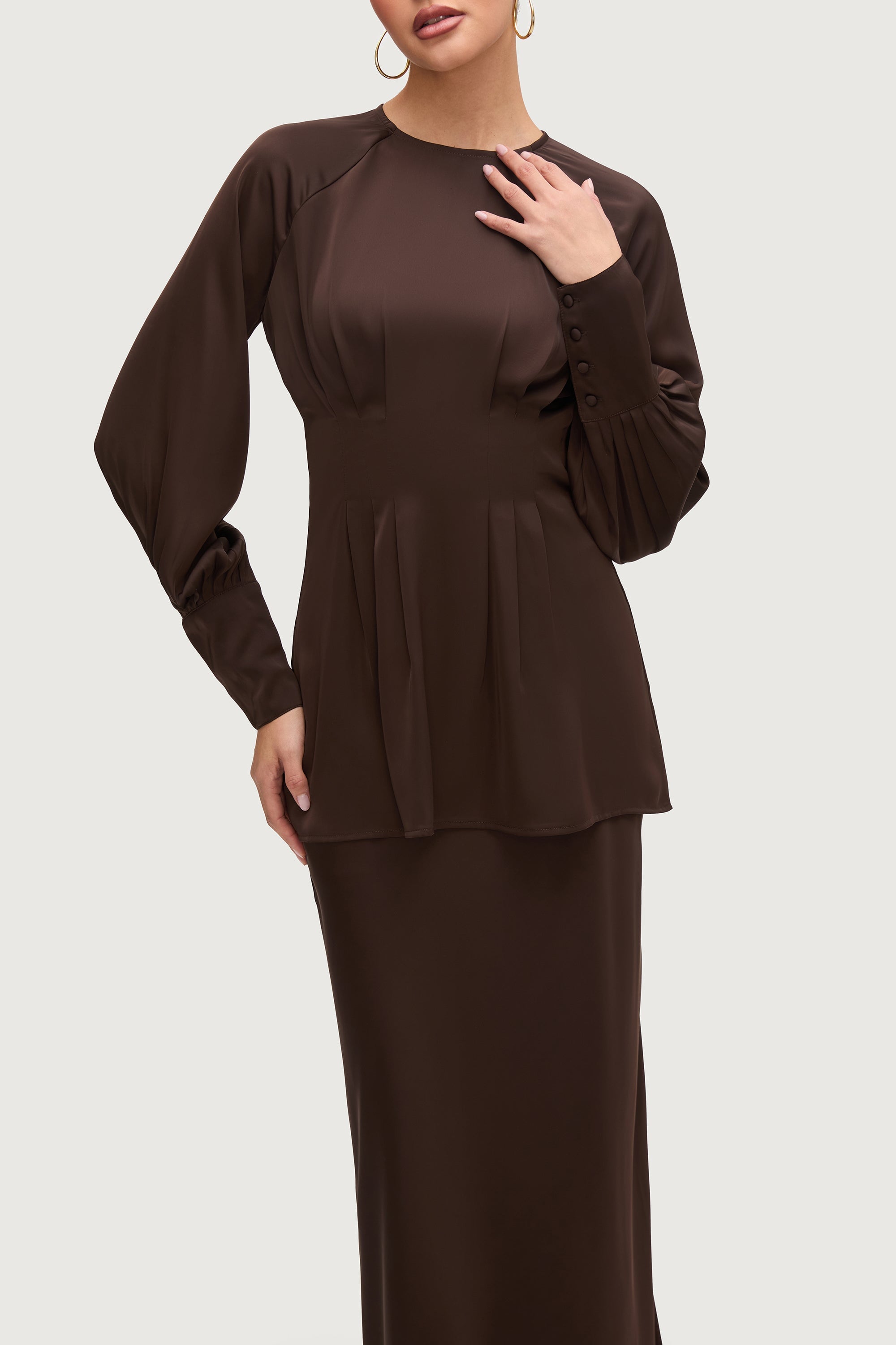 Rahaf Raglan Sleeve Satin Top - Qahwah Tops Veiled Collection 