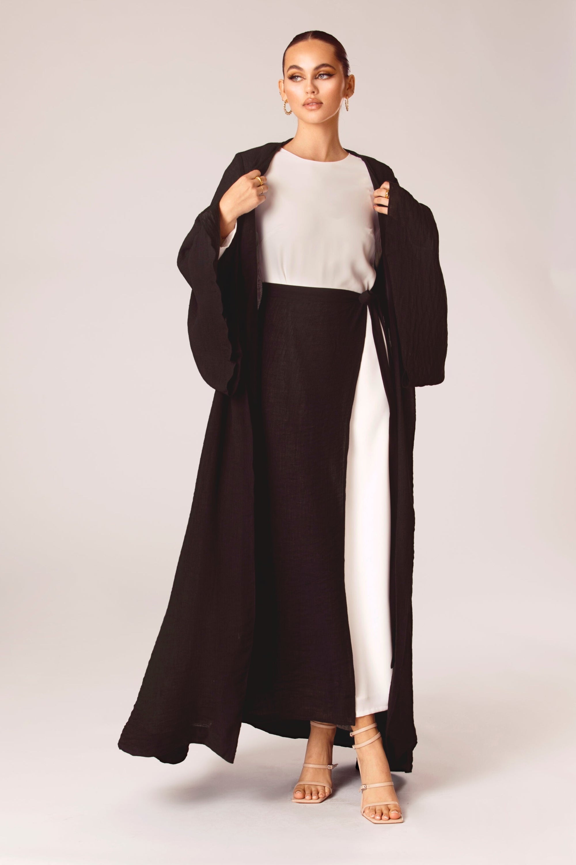 Rana Textured Open Abaya and Skirt Set - Espresso Clothing Veiled Collection 
