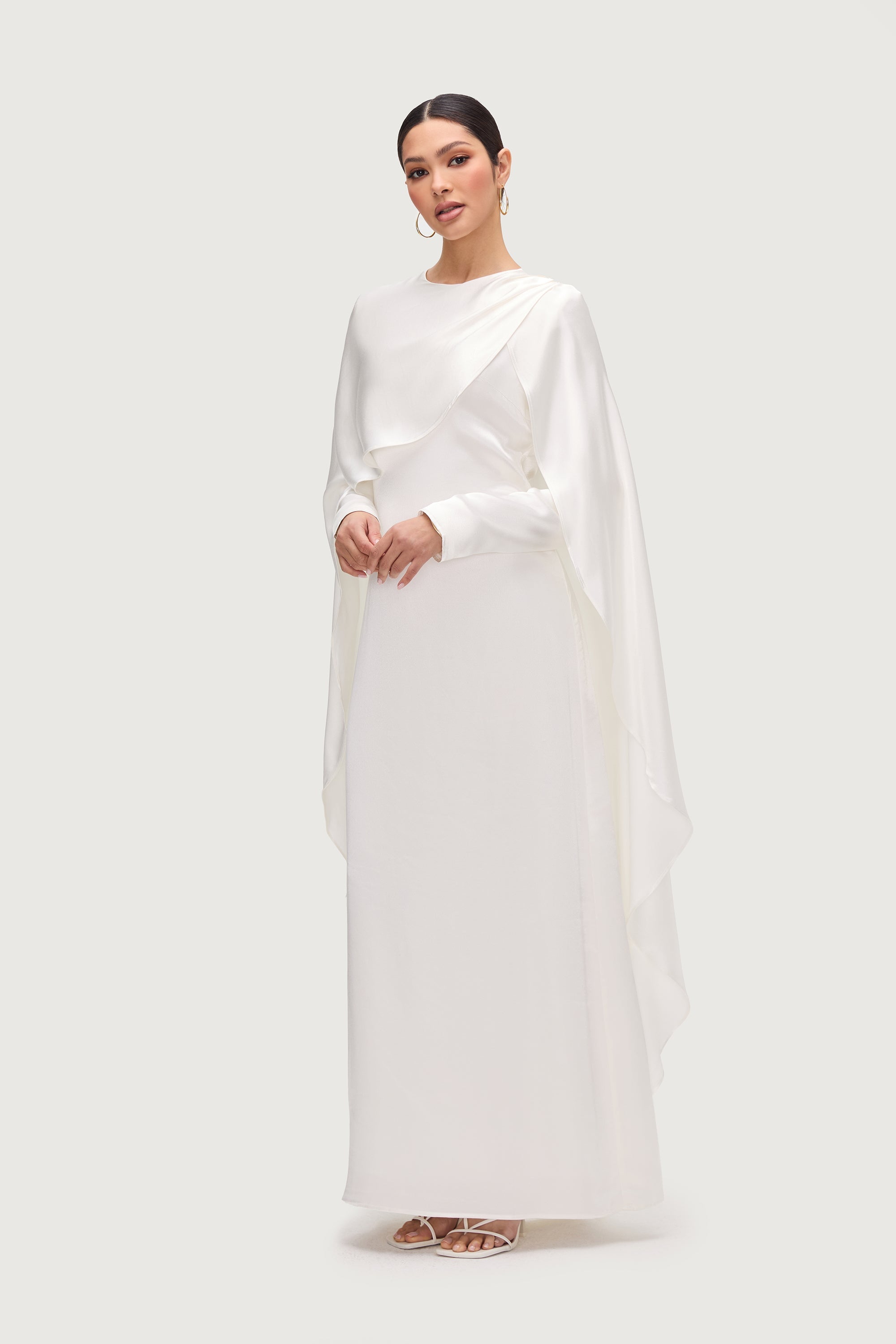 Raneem Silk Asymmetric Cape Dress - White Dresses Veiled 