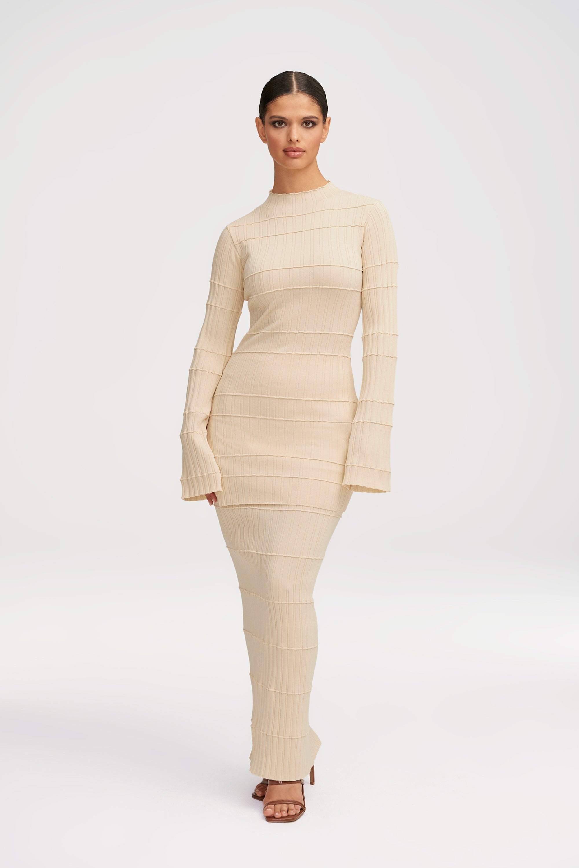 Rania Ribbed Knit Maxi Skirt - Beige Clothing Veiled 