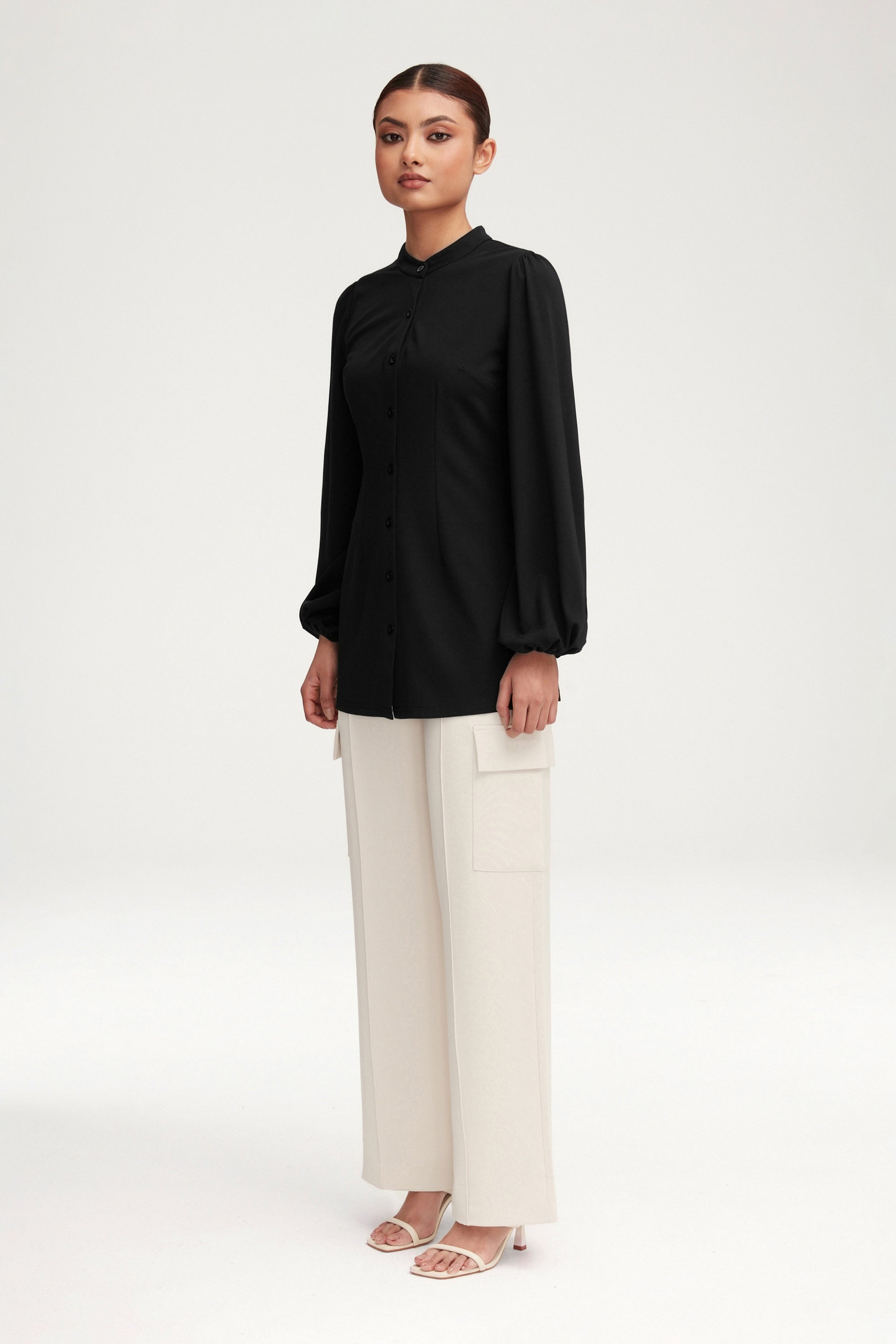 Rayana Jersey Button Down Top - Black Clothing Veiled 