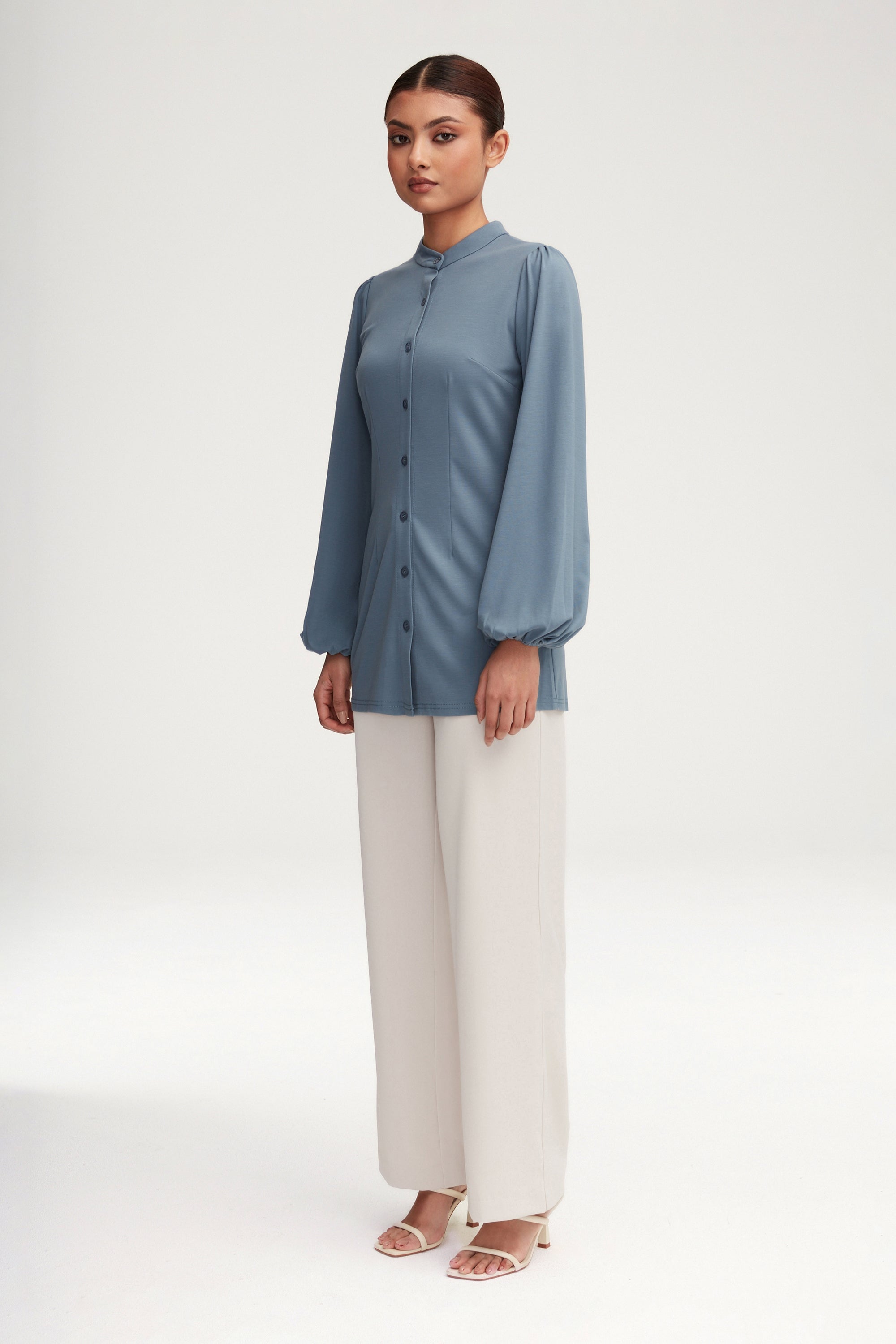 Rayana Jersey Button Down Top - Denim Blue Clothing Veiled 