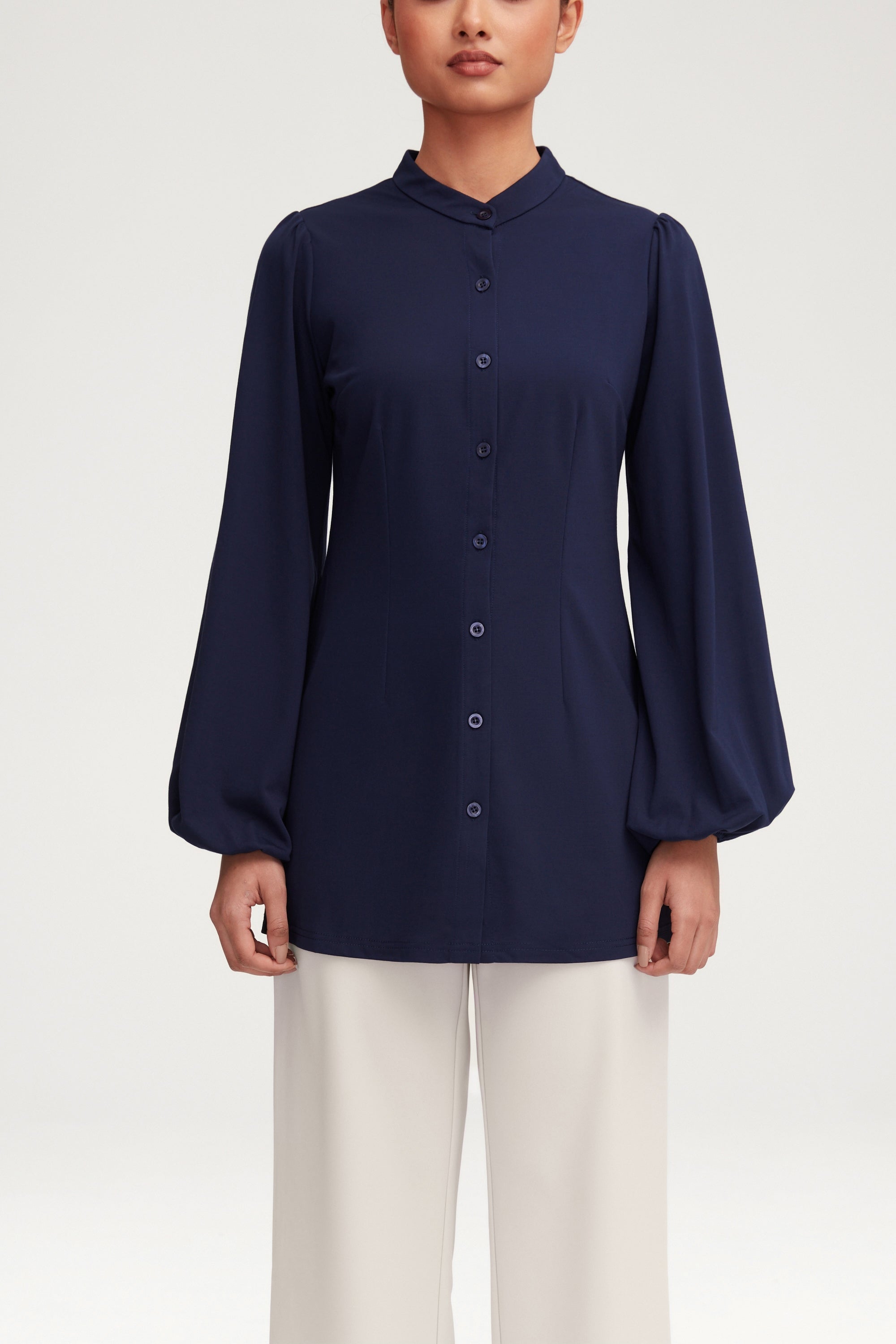 Rayana Jersey Button Down Top - Navy Blue Clothing Veiled 