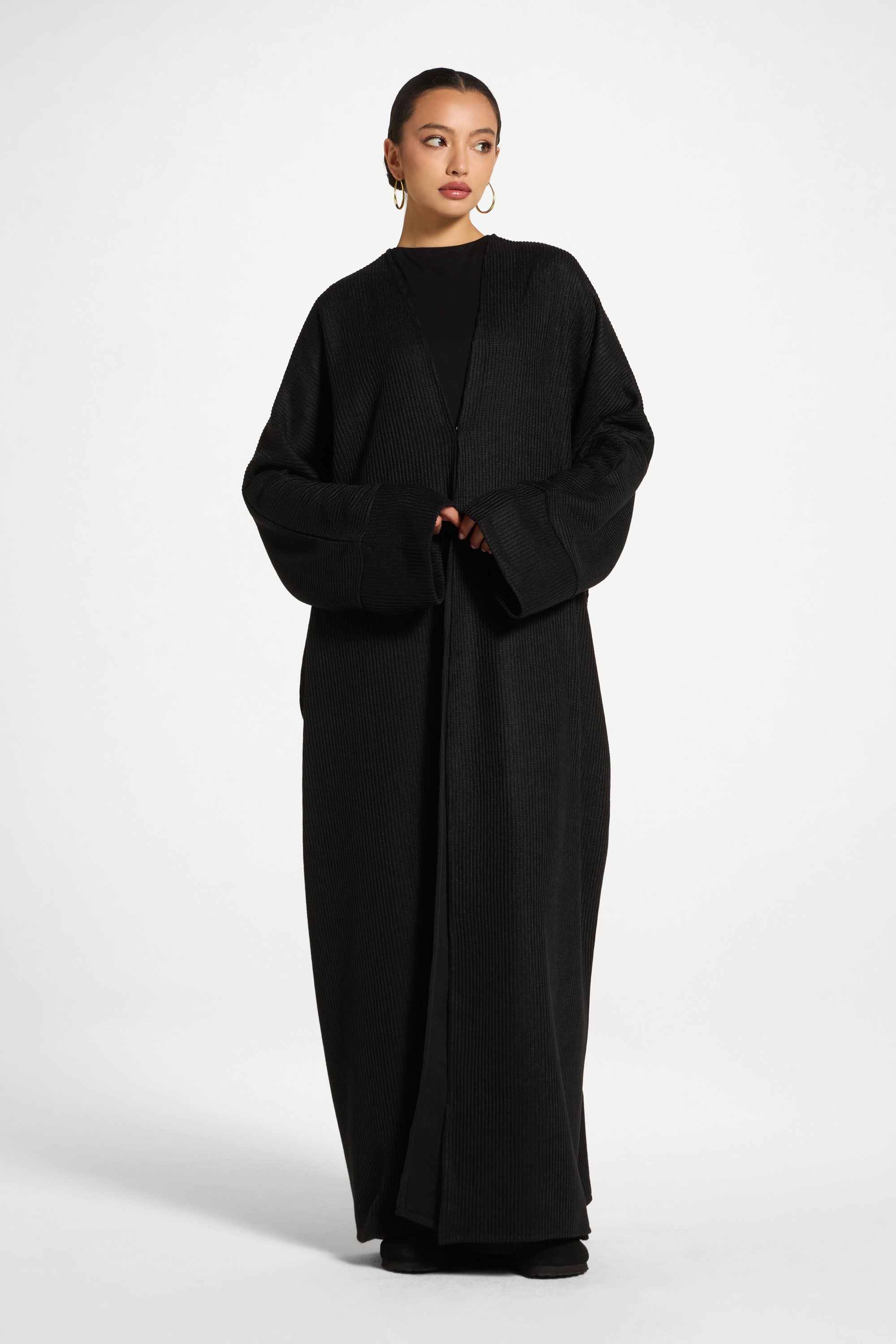 Relaxed Knit Open Abaya - Black