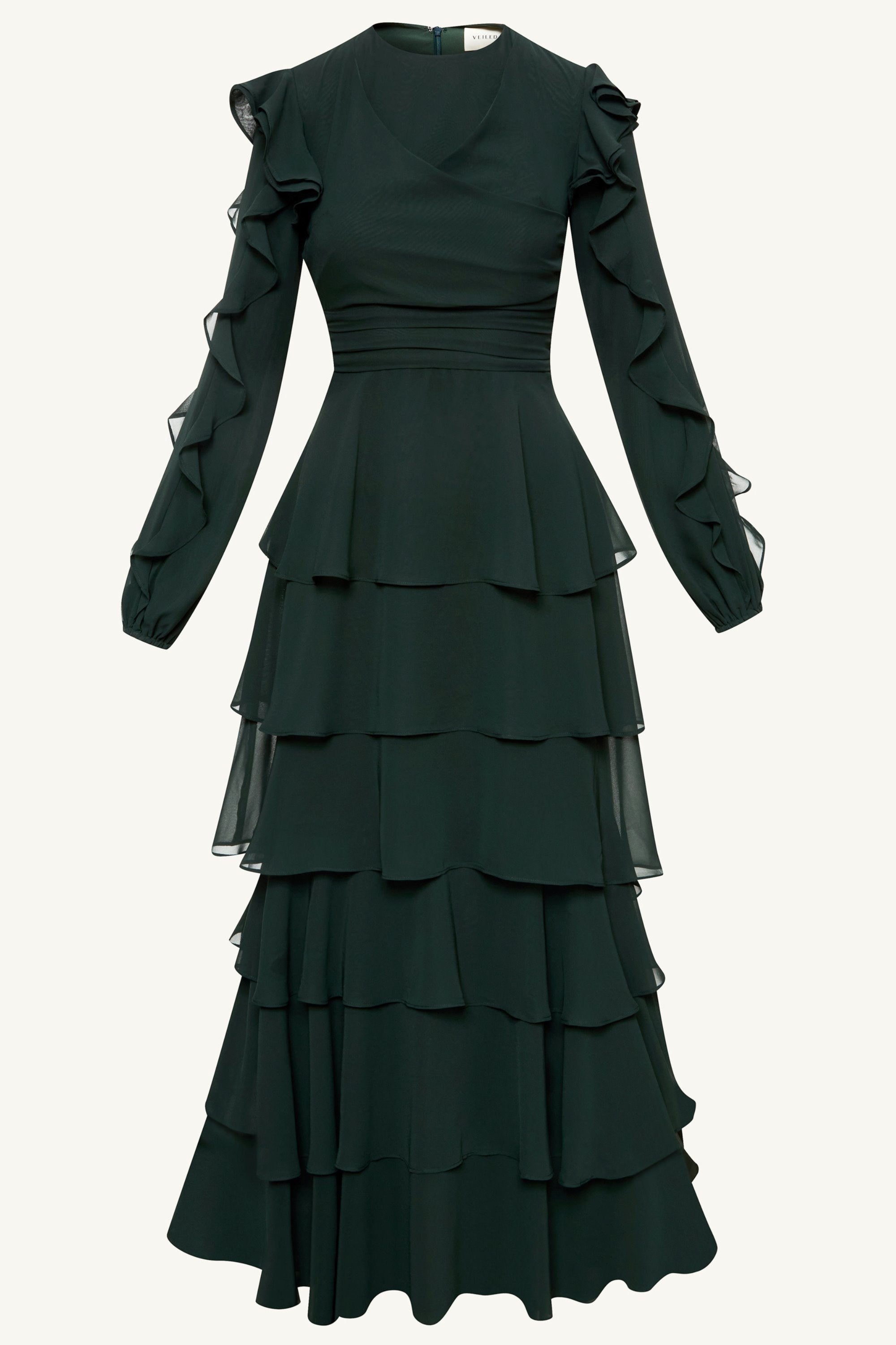 Renad Tiered Chiffon Maxi Dress - Emerald Clothing Veiled 