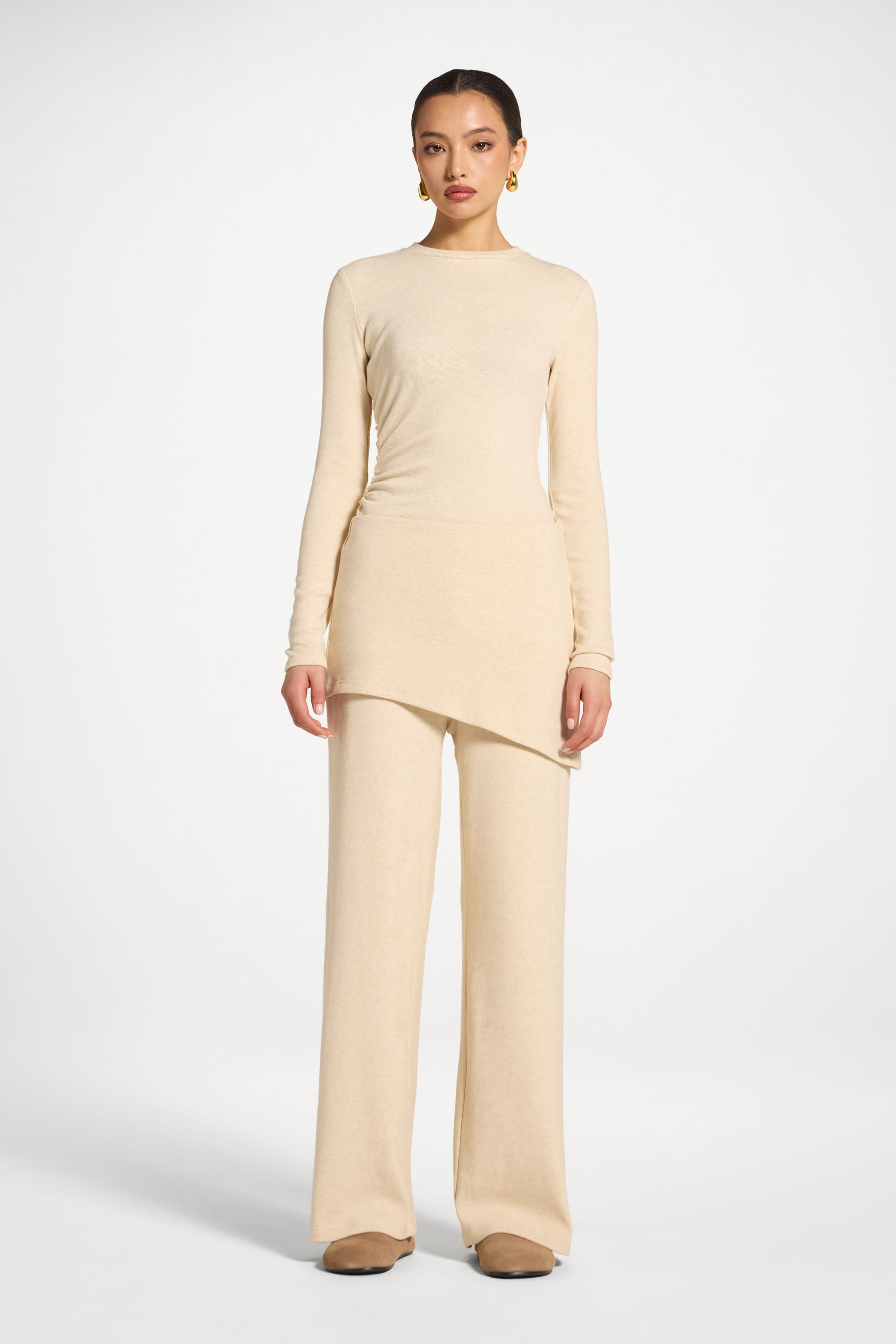 Ribbed Knit Foldover Wide Leg Pants - Beige Abayas Veiled 