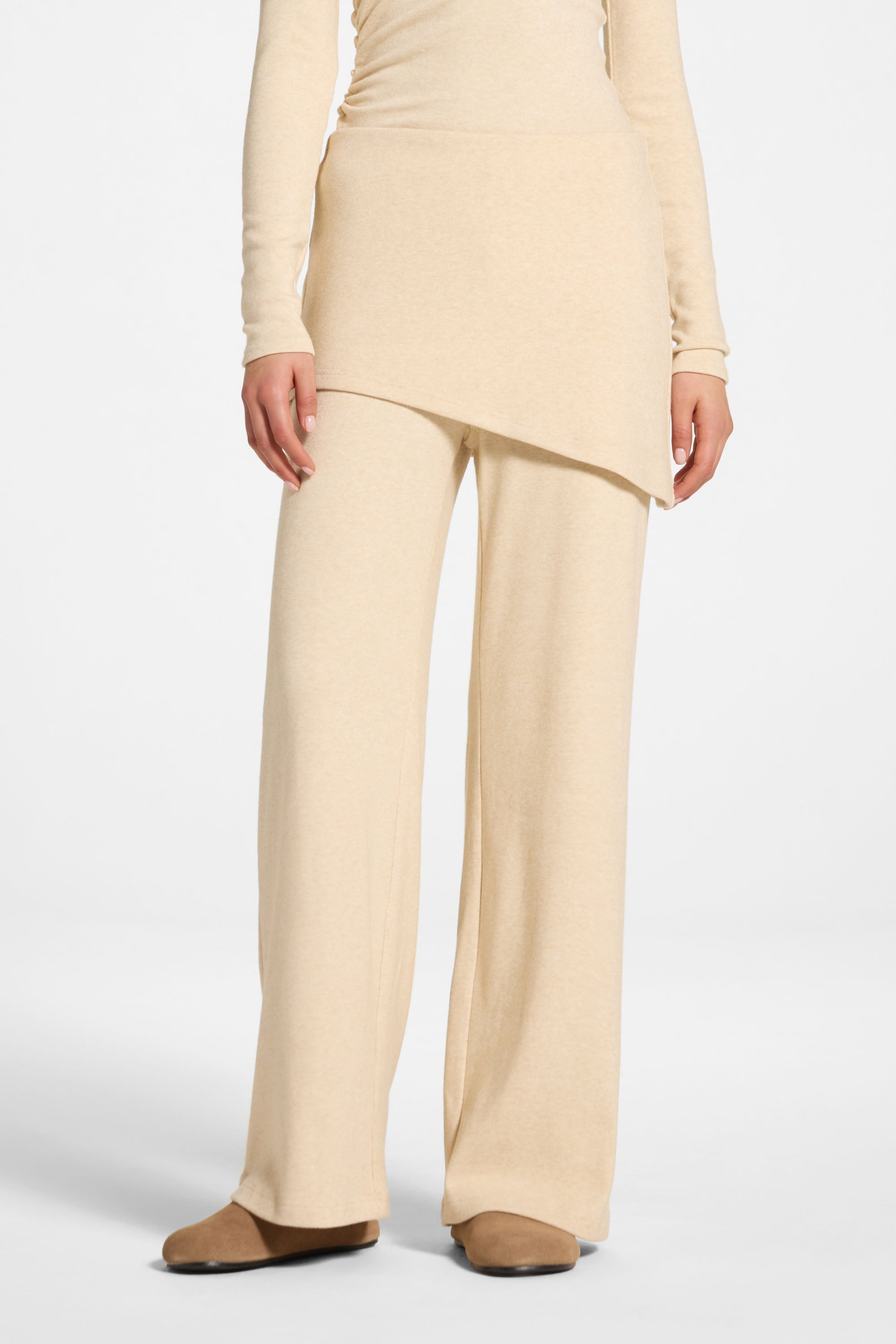 Ribbed Knit Foldover Wide Leg Pants - Beige Abayas Veiled 