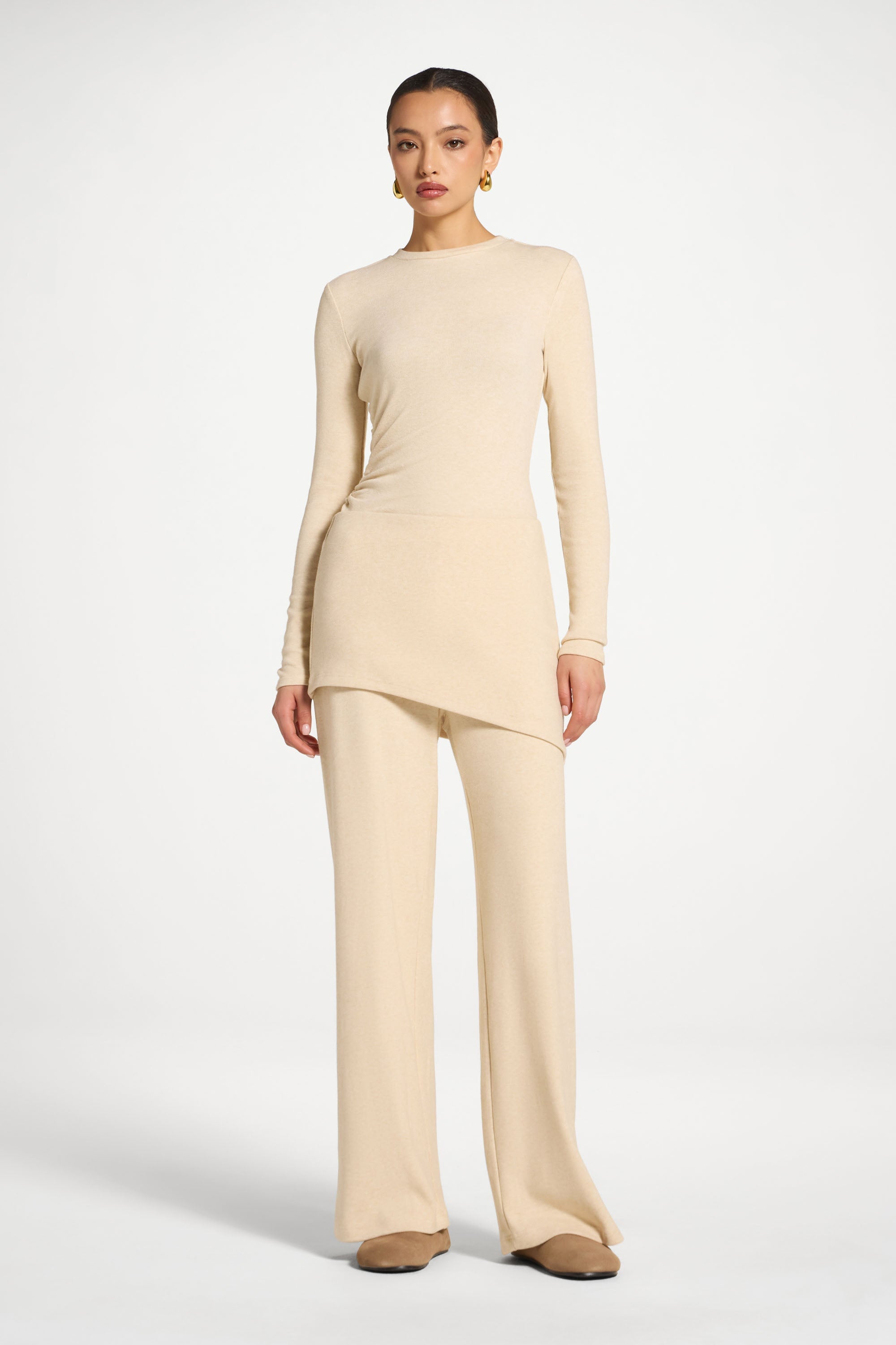 Ribbed Knit Foldover Wide Leg Pants - Beige Abayas Veiled 