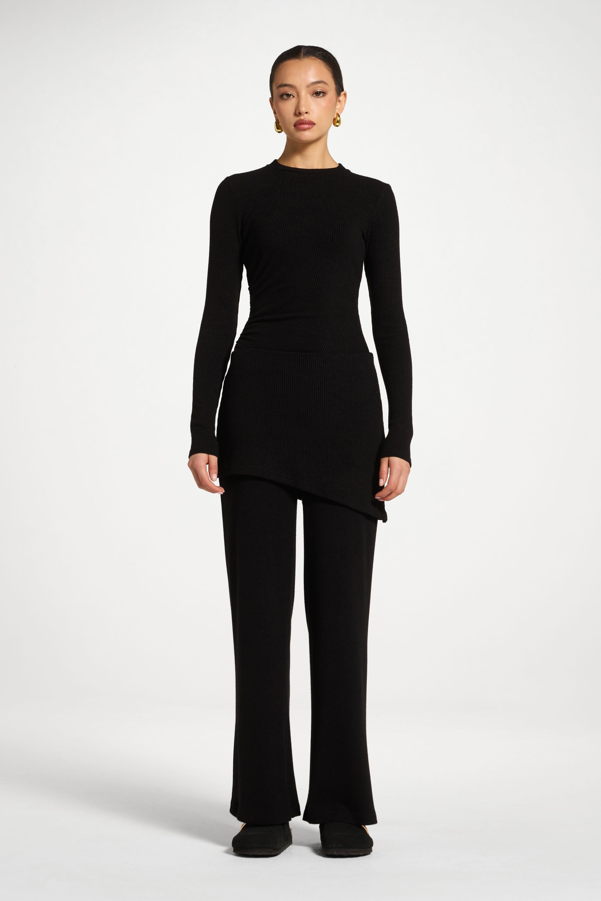 Ribbed Knit Foldover Wide Leg Pants - Black Abayas Veiled 