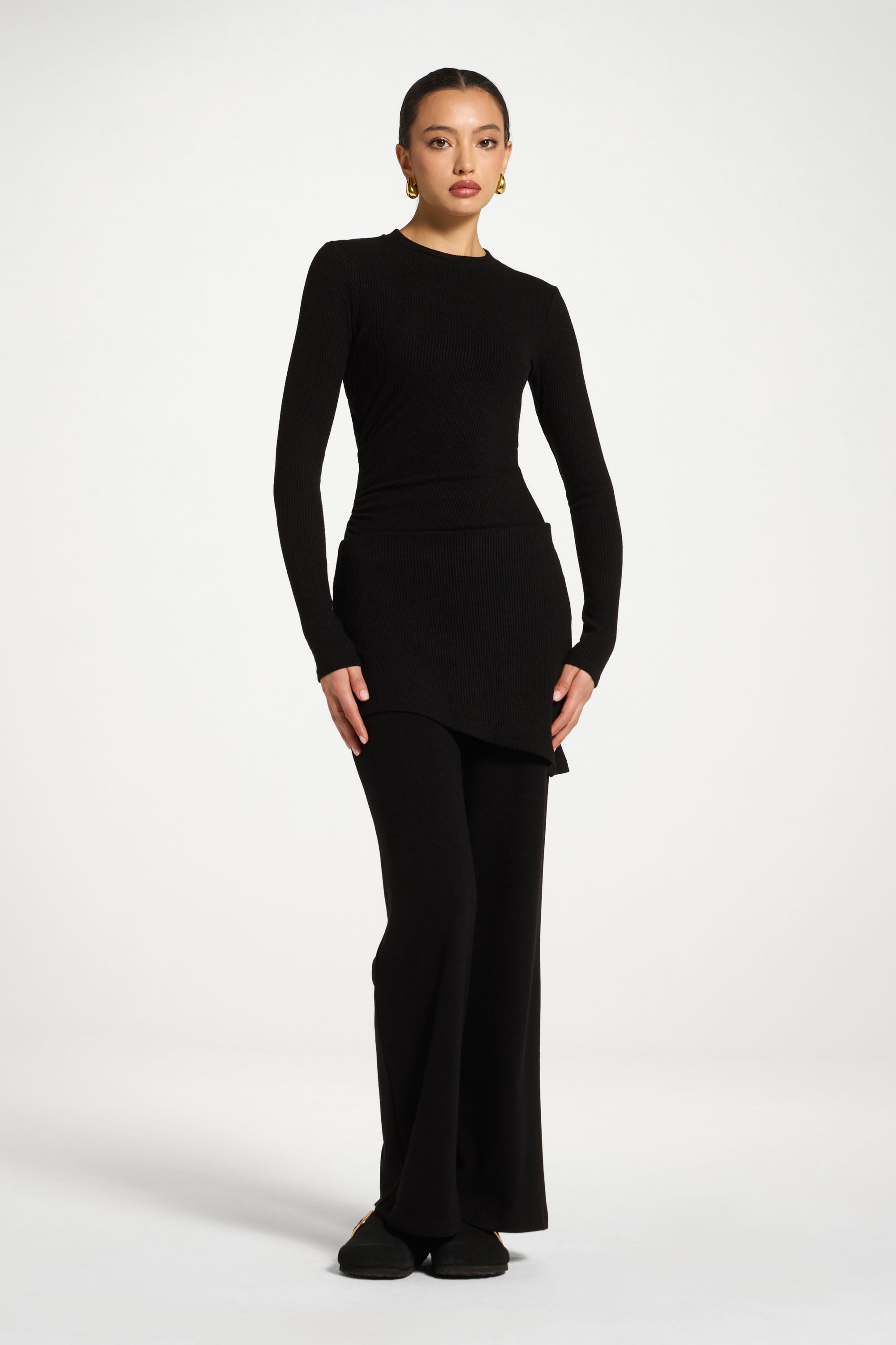 Ribbed Knit Foldover Wide Leg Pants - Black Abayas Veiled 