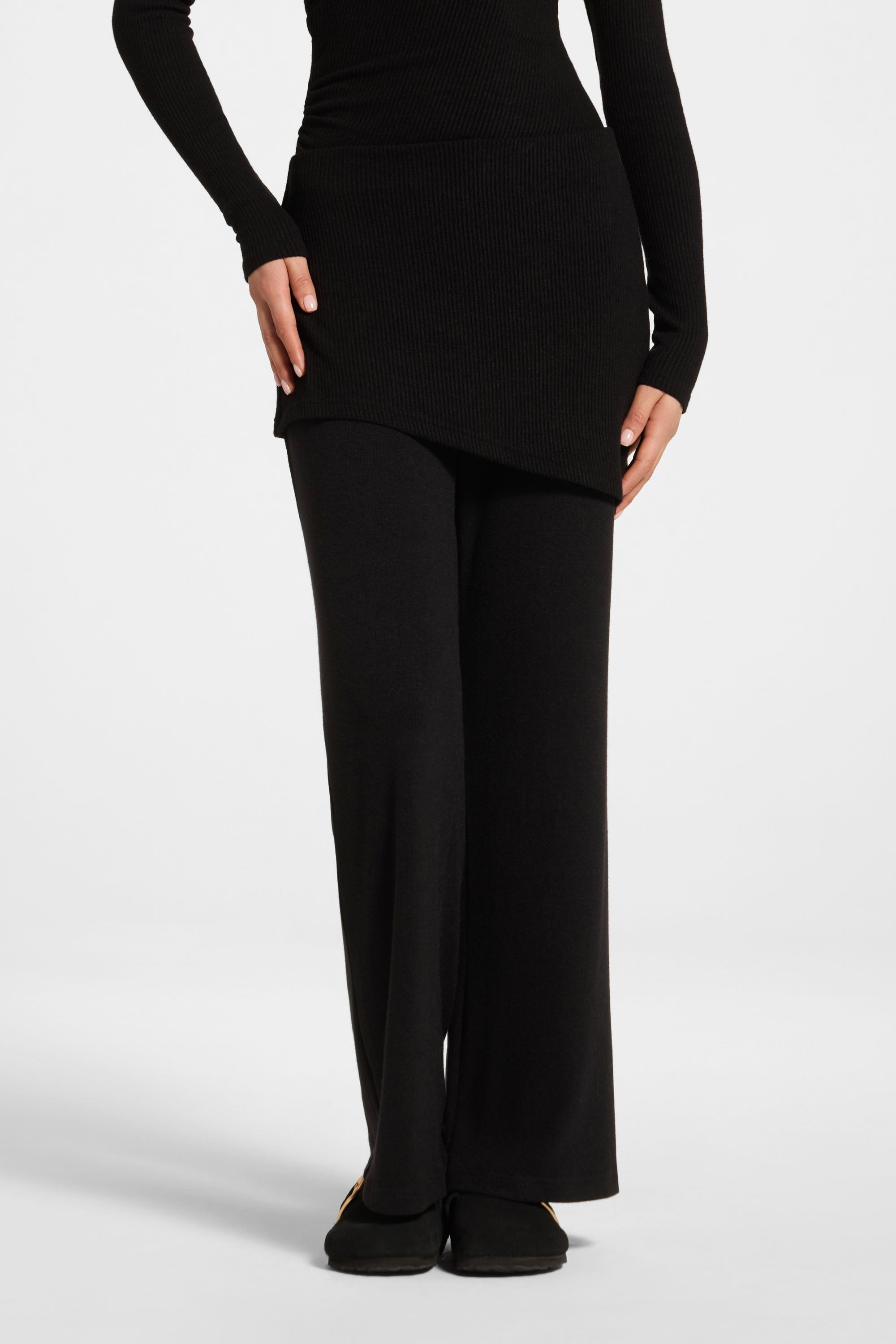 Ribbed Knit Foldover Wide Leg Pants - Black
