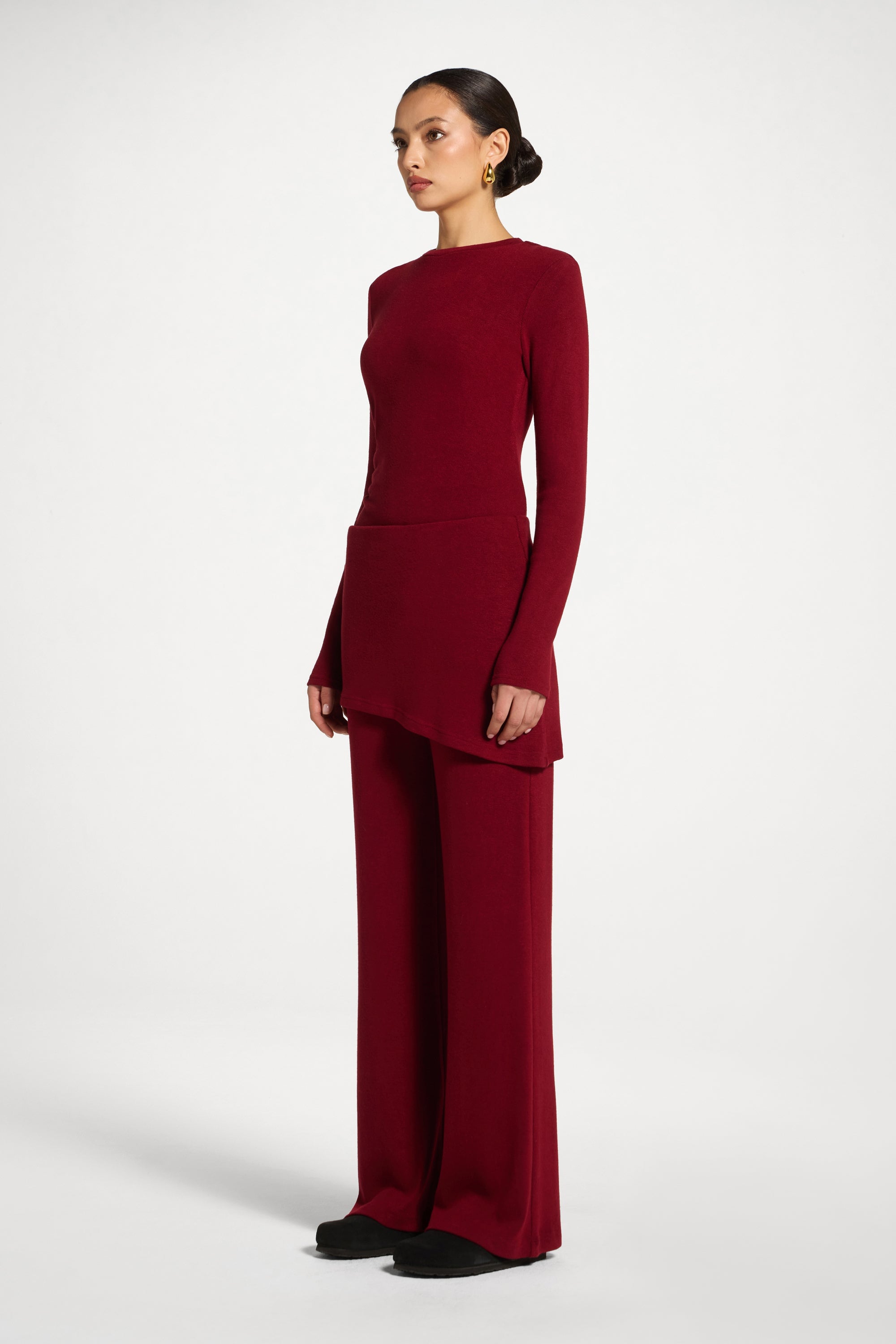 Ribbed Knit Foldover Wide Leg Pants - Cherry Lacquer Abayas Veiled 