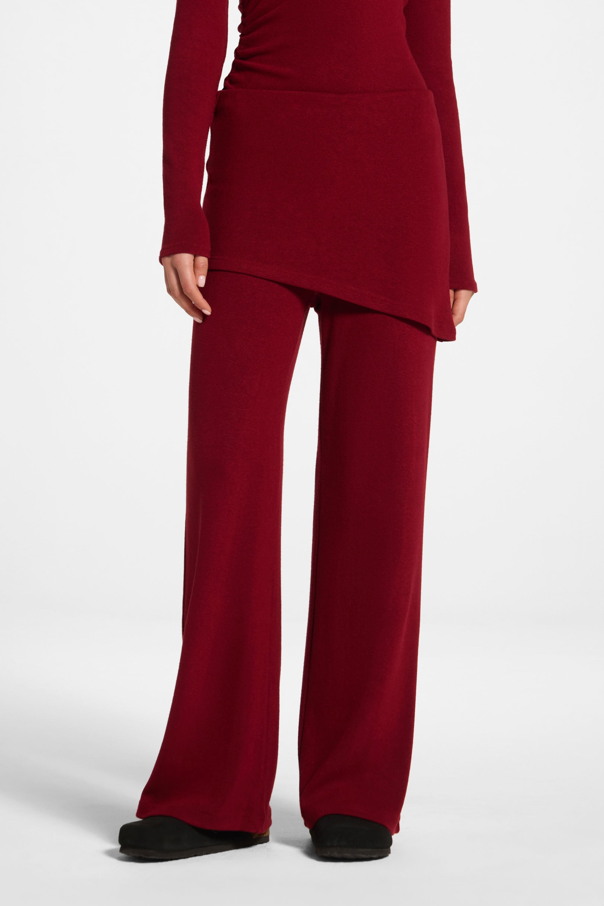 Ribbed Knit Foldover Wide Leg Pants - Cherry Lacquer Abayas Veiled 