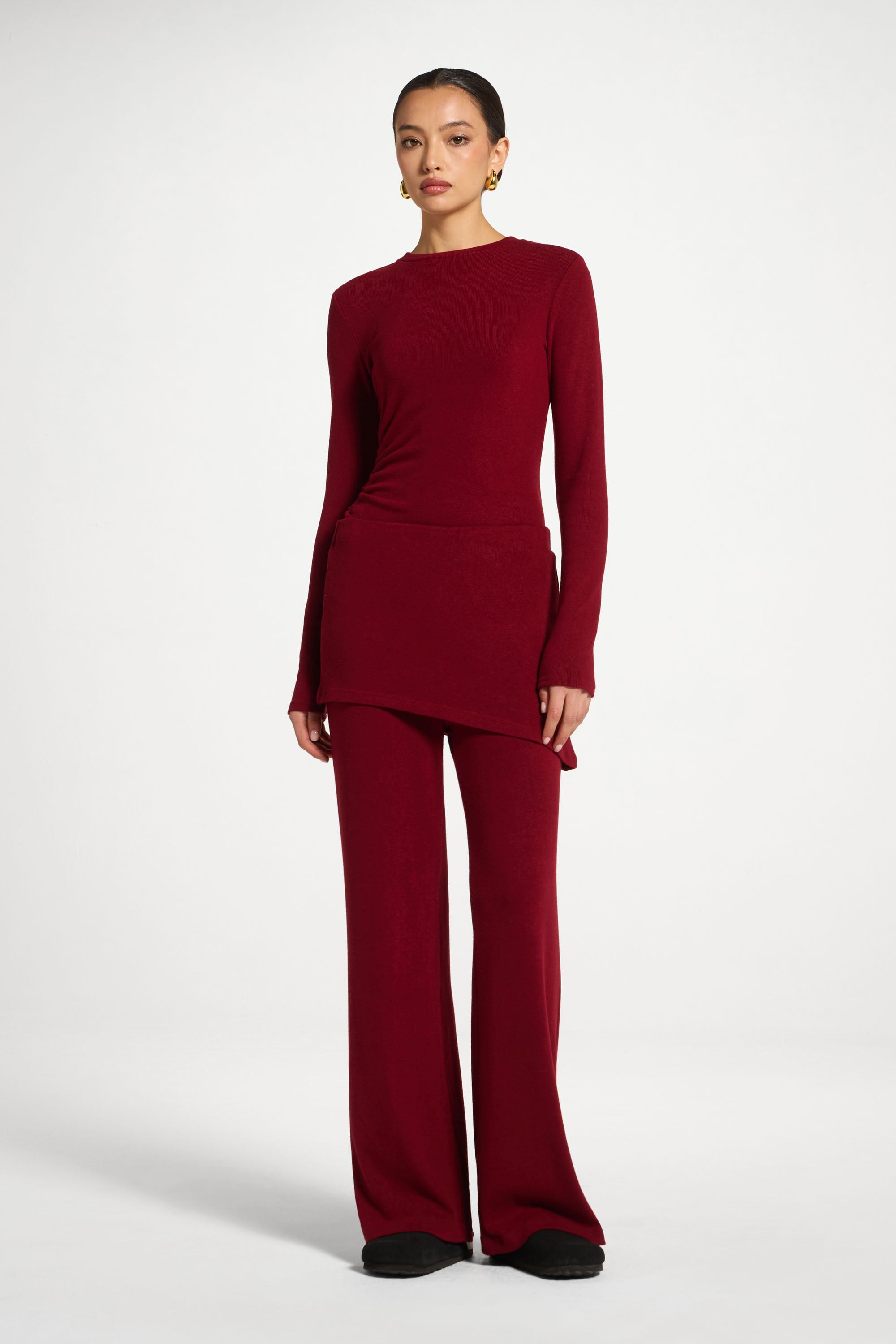 Ribbed Knit Foldover Wide Leg Pants - Cherry Lacquer Abayas Veiled 