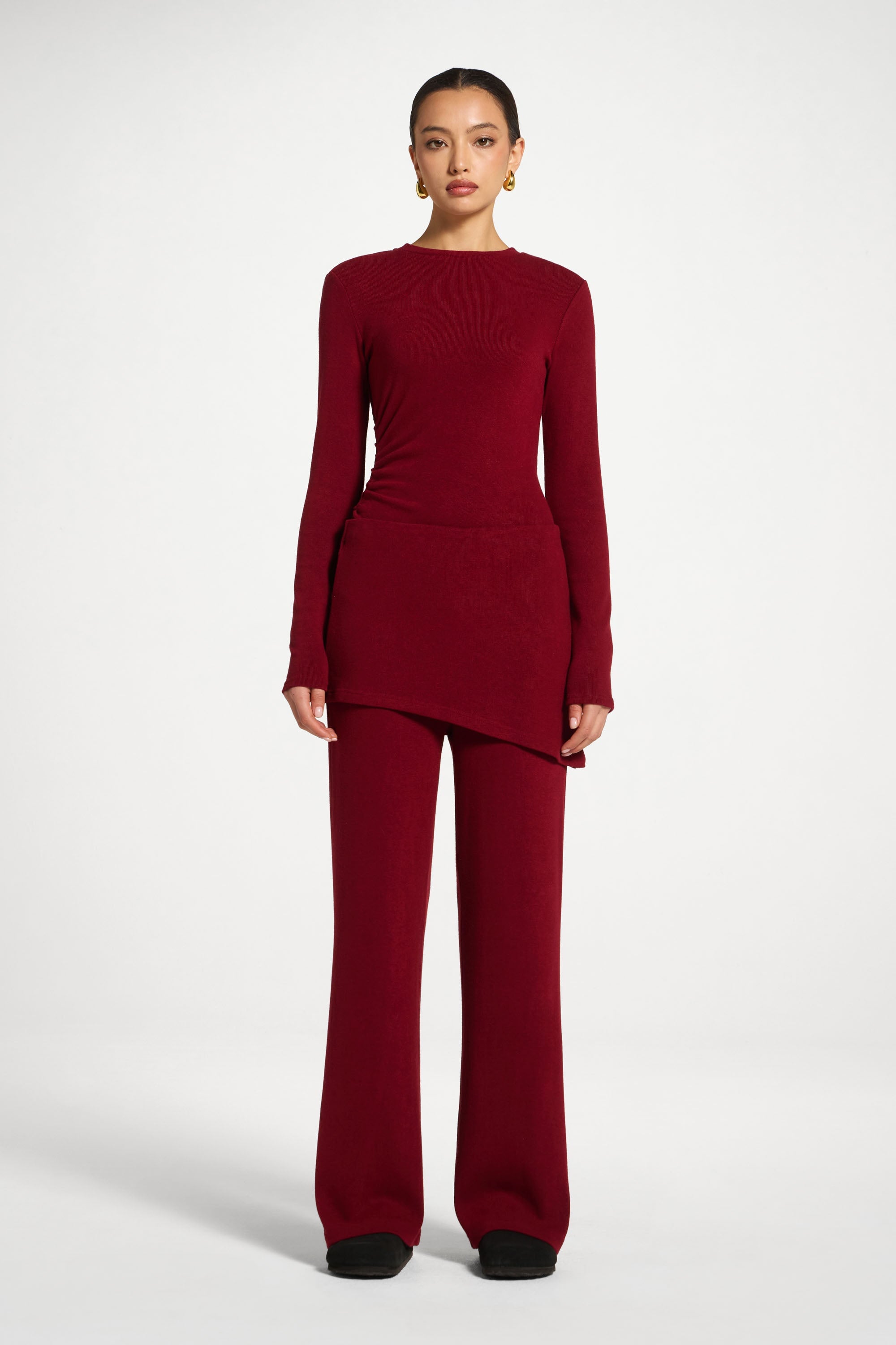 Ribbed Knit Foldover Wide Leg Pants - Cherry Lacquer Abayas Veiled 