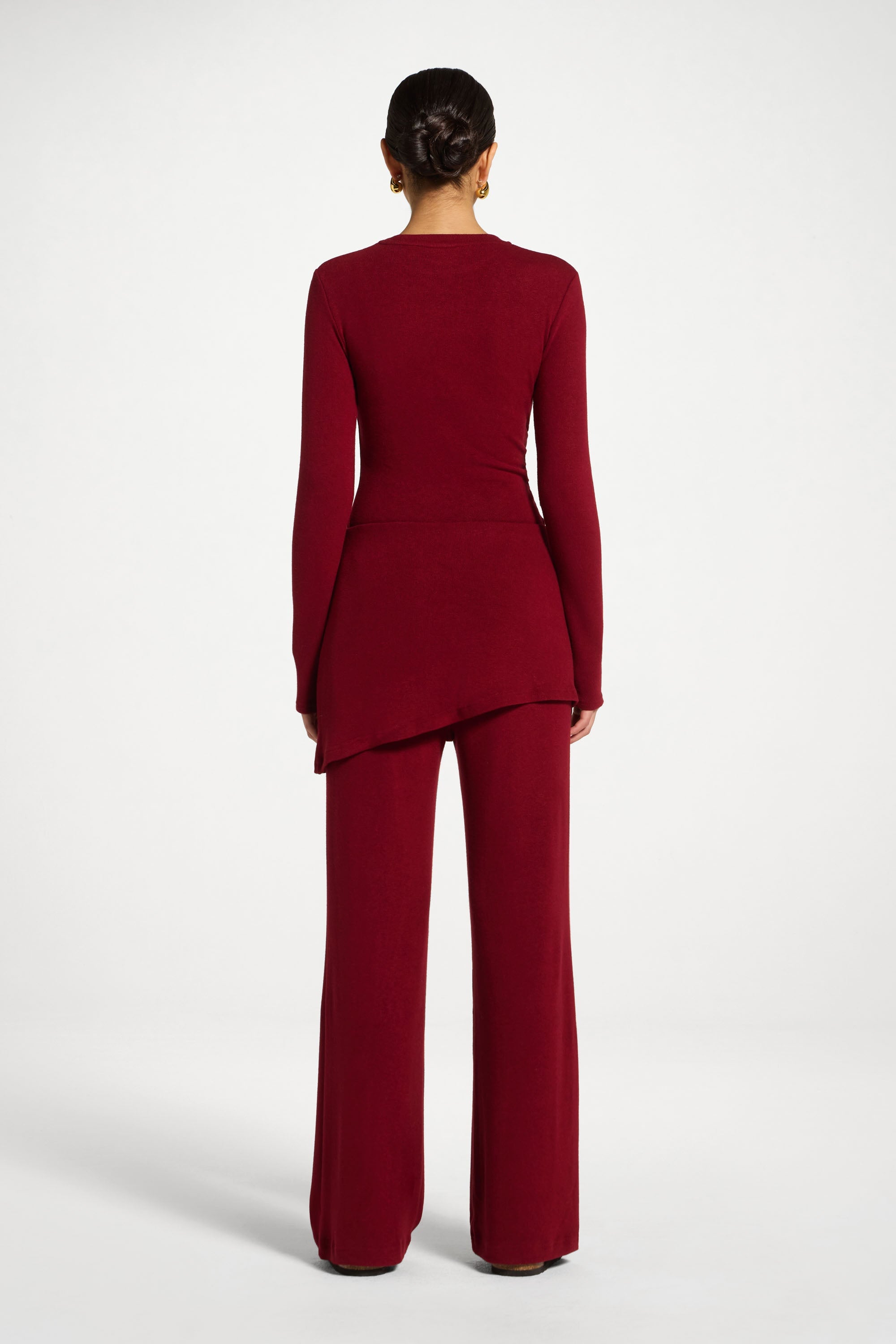 Ribbed Knit Foldover Wide Leg Pants - Cherry Lacquer Abayas Veiled 