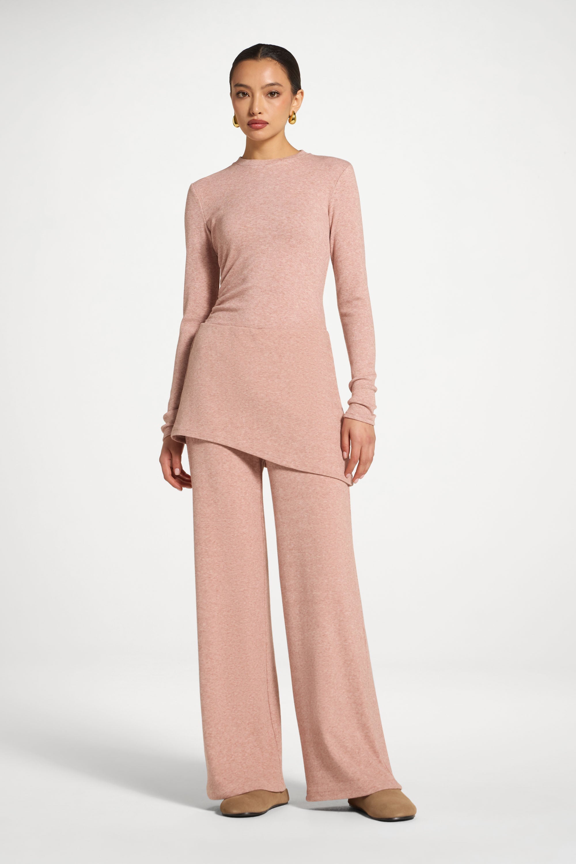 Ribbed Knit Foldover Wide Leg Pants - Dusty Rose Abayas Veiled 