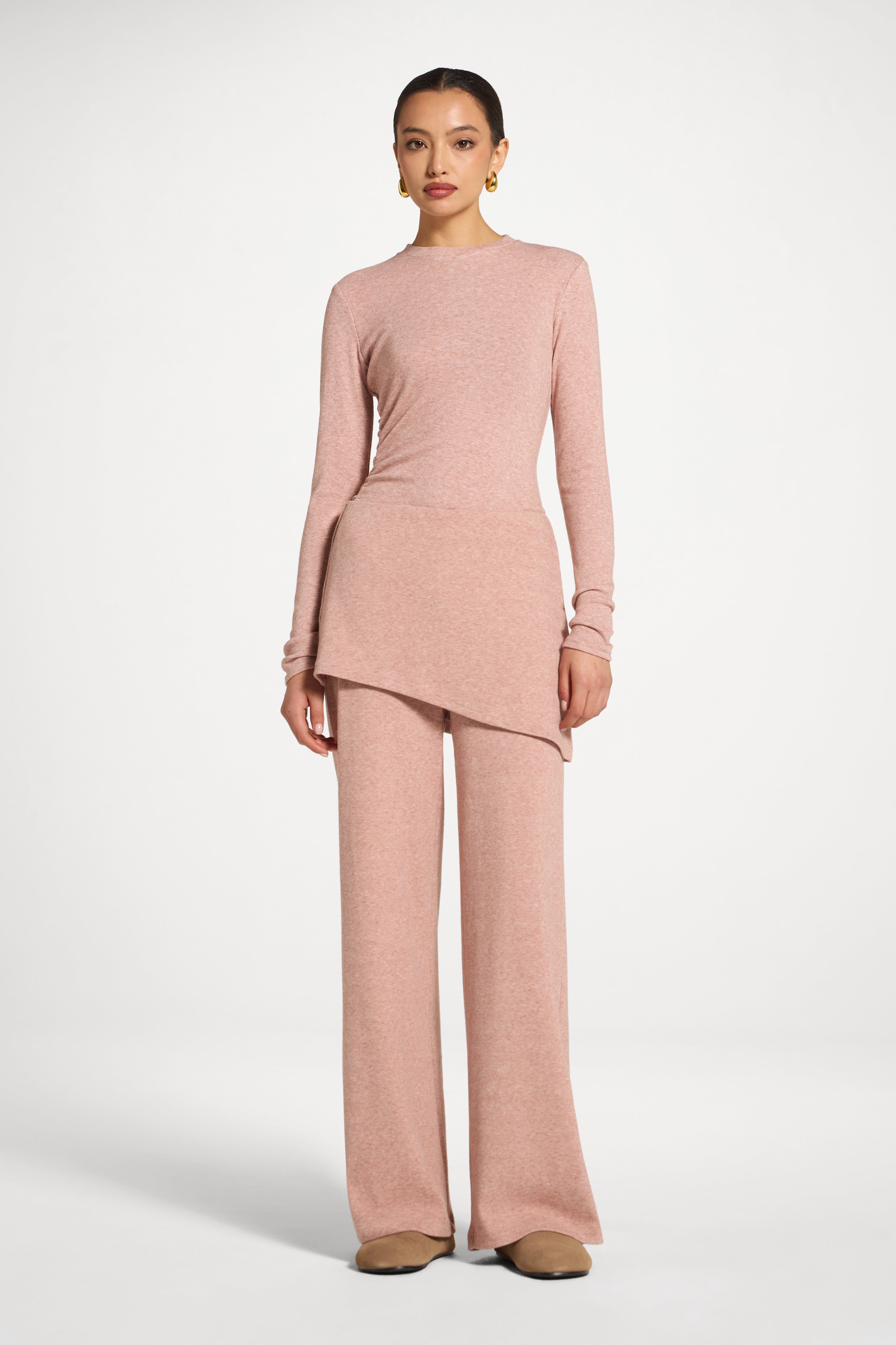 Ribbed Knit Foldover Wide Leg Pants - Dusty Rose Abayas Veiled 