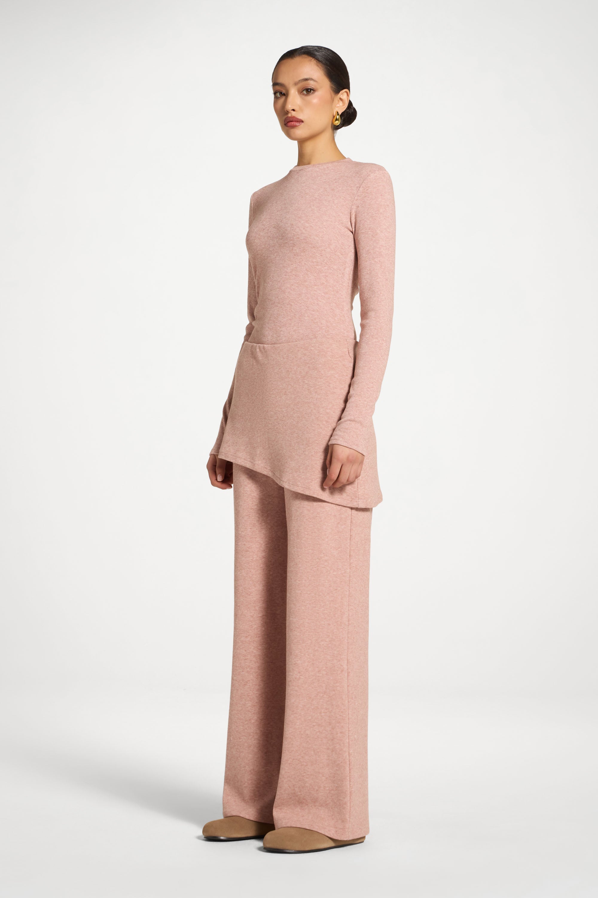 Ribbed Knit Foldover Wide Leg Pants - Dusty Rose Abayas Veiled 