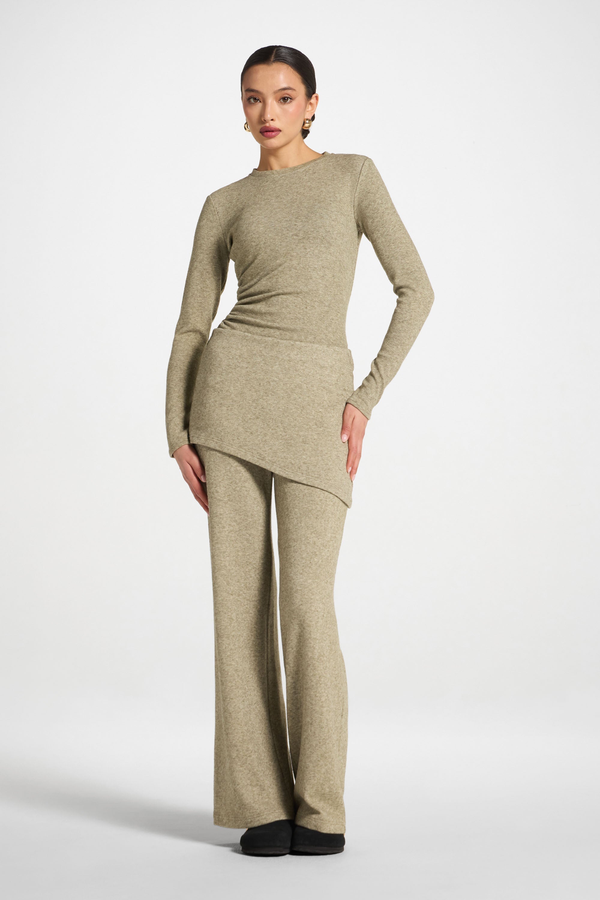 Ribbed Knit Foldover Wide Leg Pants - Olive Abayas Veiled 