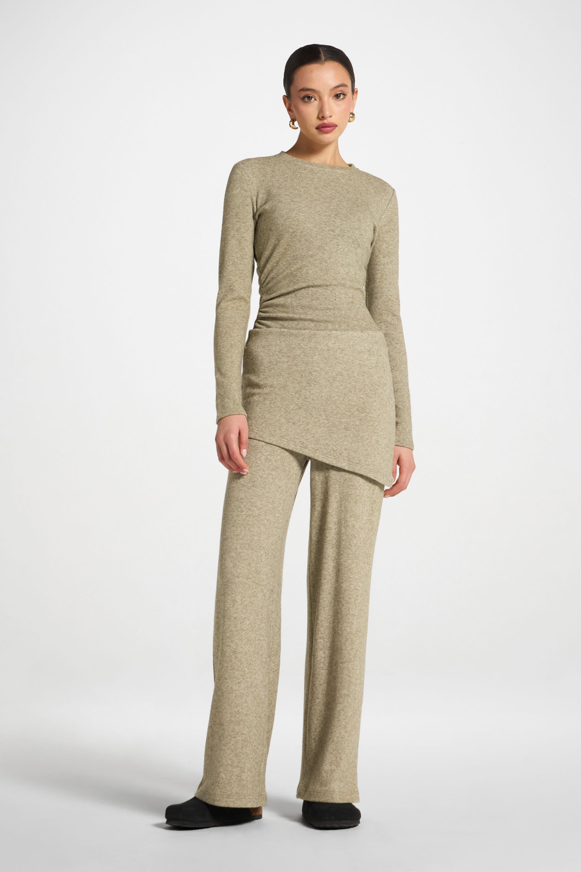 Ribbed Knit Foldover Wide Leg Pants - Olive Abayas Veiled 