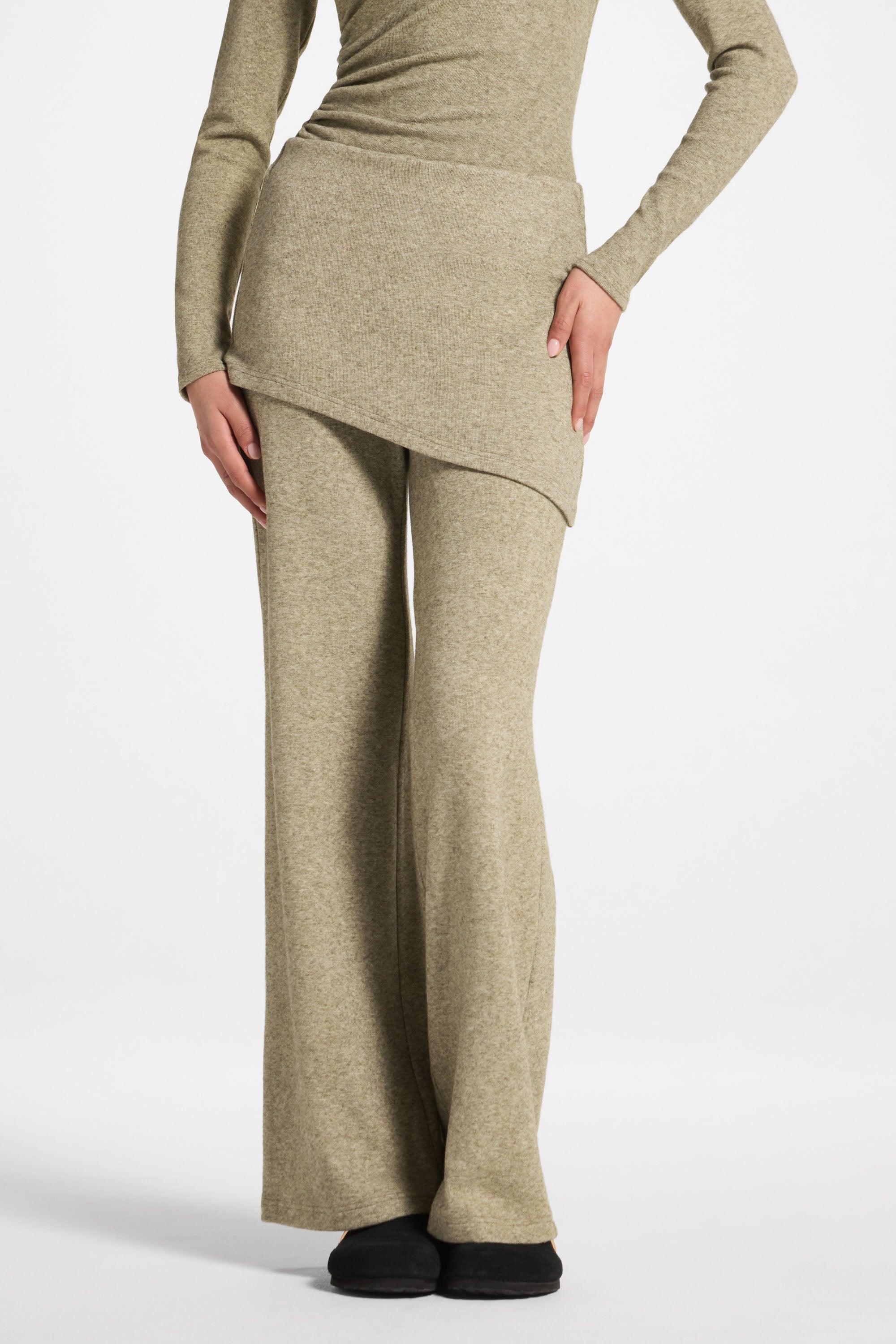 Ribbed Knit Foldover Wide Leg Pants - Olive Abayas Veiled 