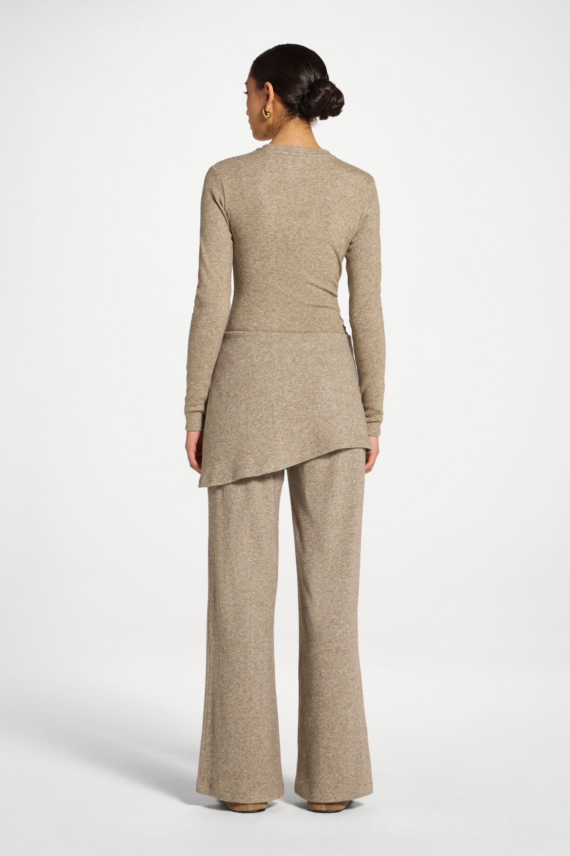Ribbed Knit Foldover Wide Leg Pants - Warm Grey Abayas Veiled 