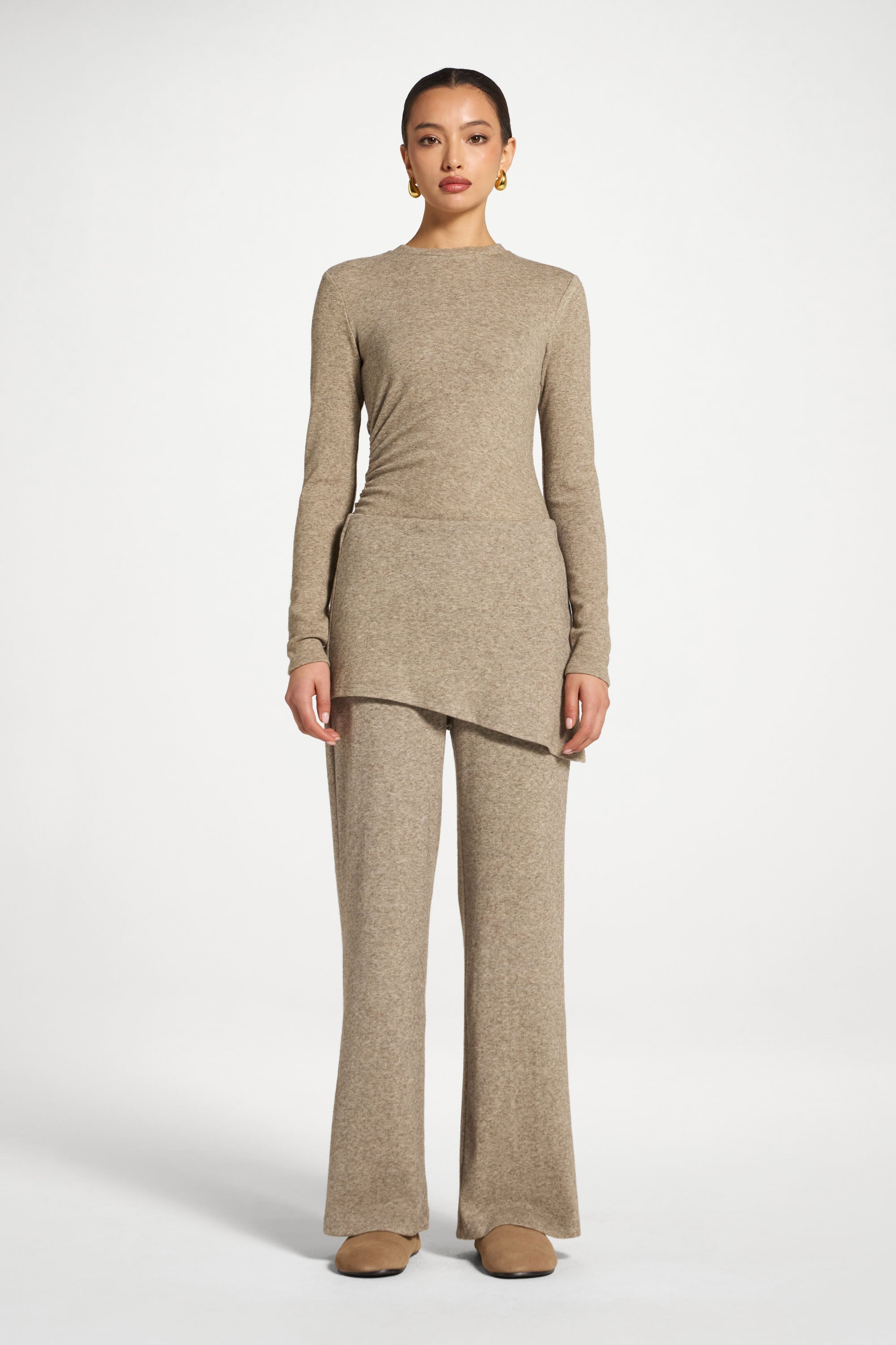 Ribbed Knit Foldover Wide Leg Pants - Warm Grey Abayas Veiled 