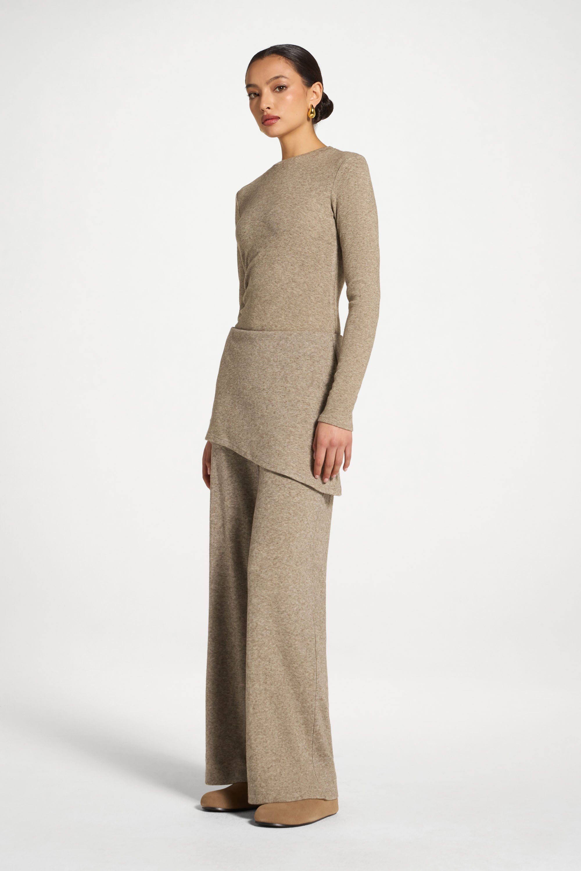 Ribbed Knit Foldover Wide Leg Pants - Warm Grey Abayas Veiled 